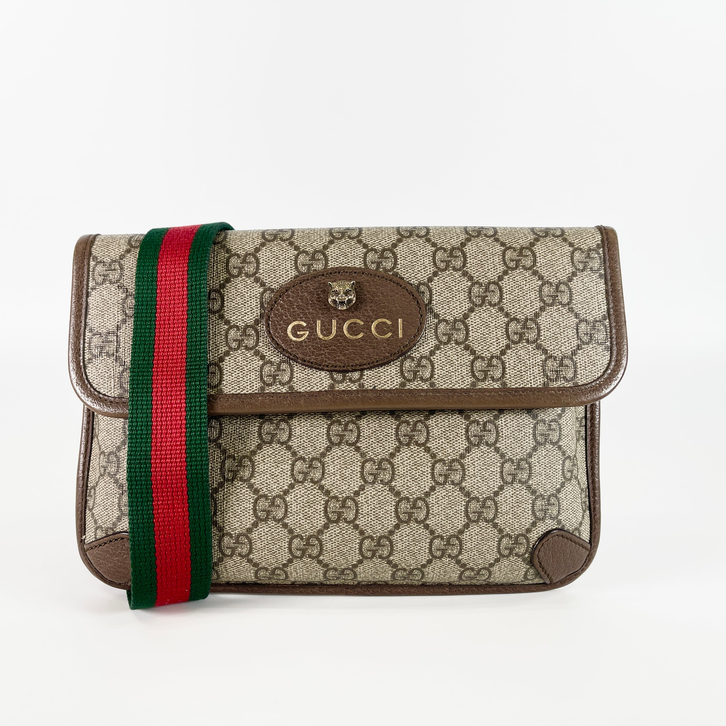 2604 secondhand GUCCI GG Supreme Tiger Head PVCx leather Waist pouch beige x Brown 493930