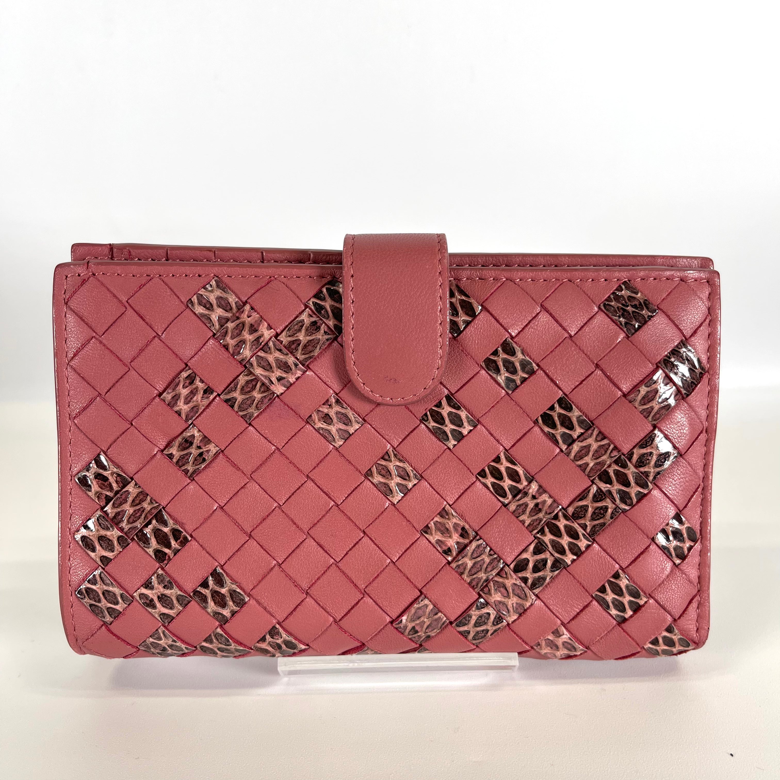 2510 BOTTEGAVENETA Bottega Veneta Intrecciato Leather and Python Compact Wallet, Pink