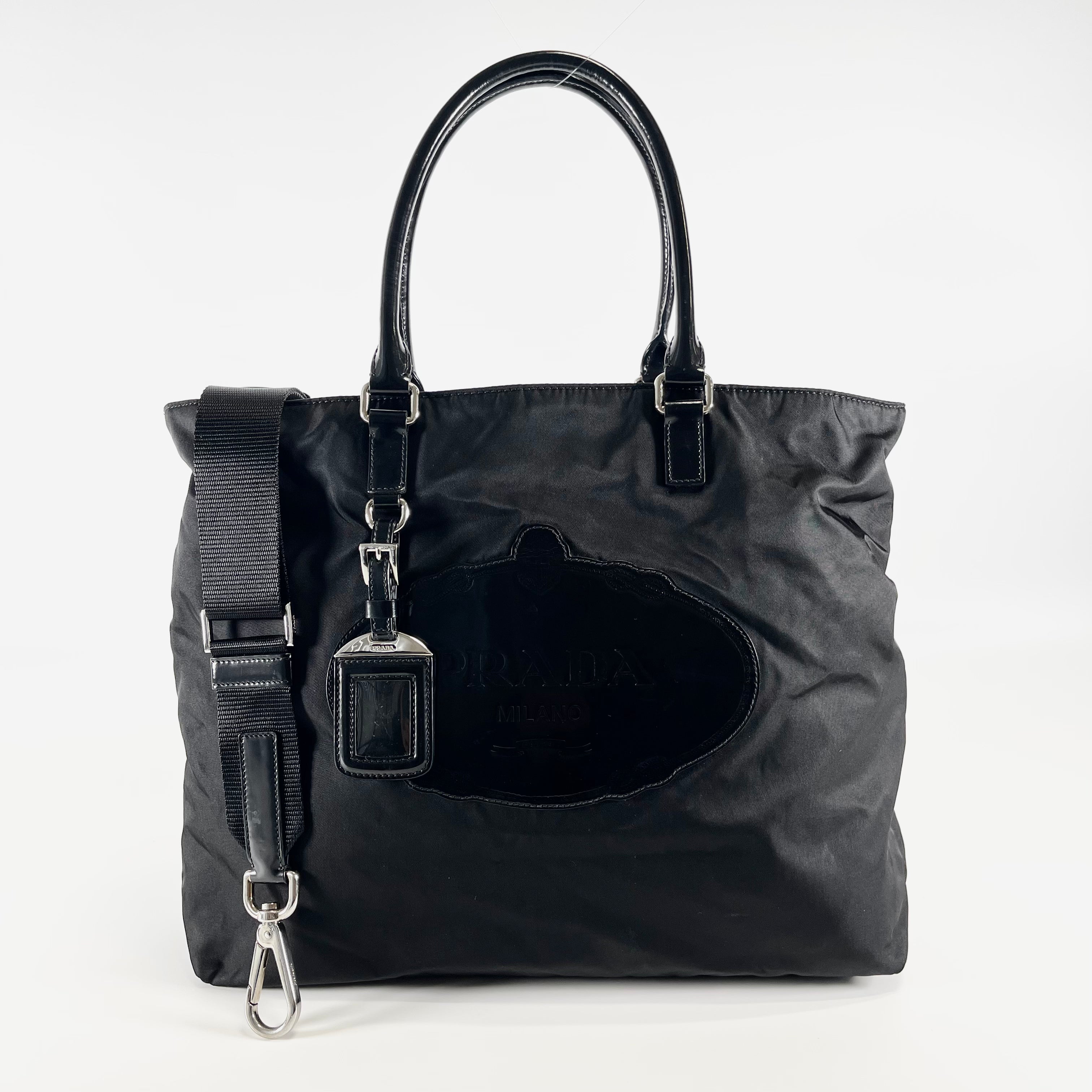 2602 secondhand PRADA brand bag TESSUTO PRINT 1 2WAY Tote Nero strap