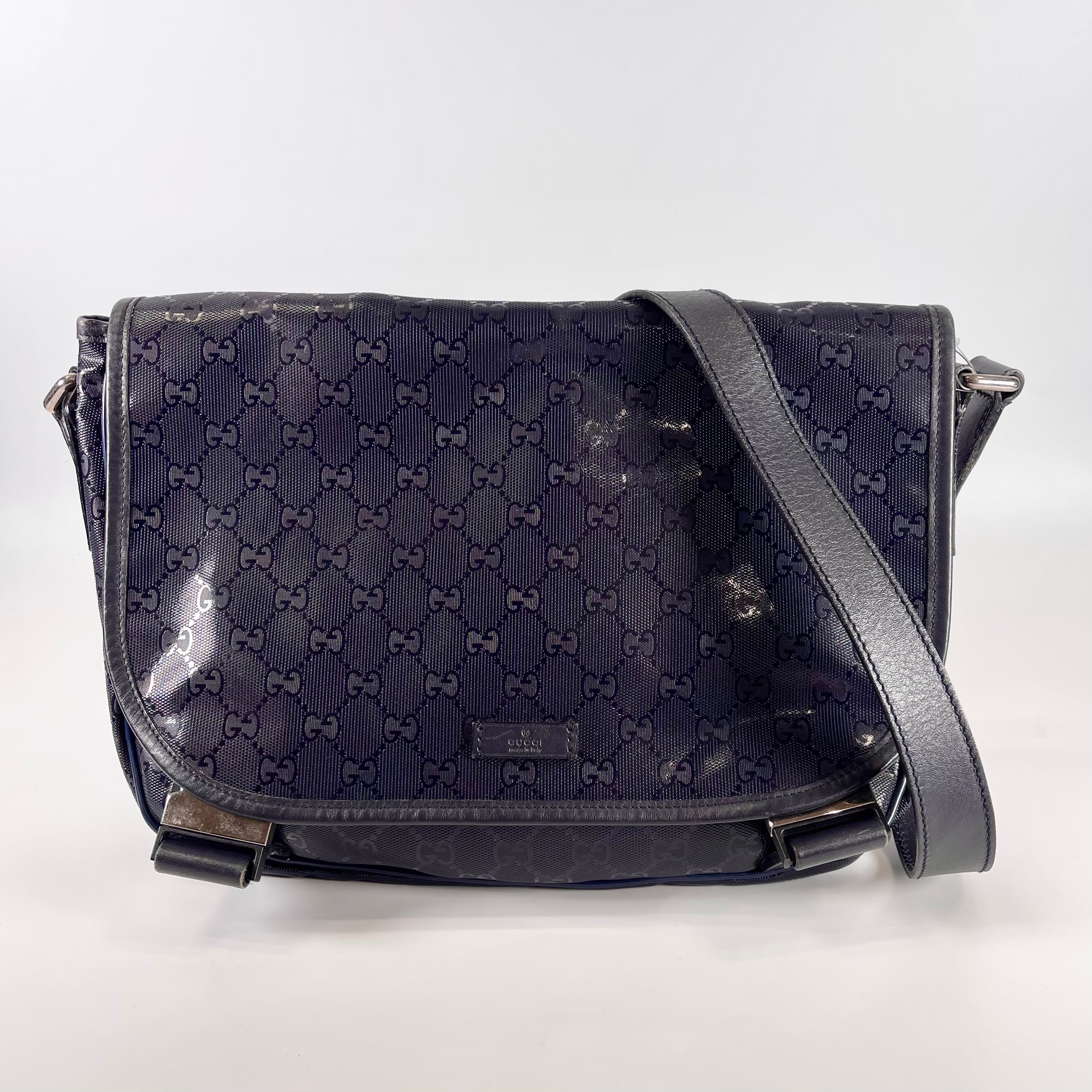 2601 secondhand GUCCI GG Implement PVCx leather Shoulder bag Navy 201732