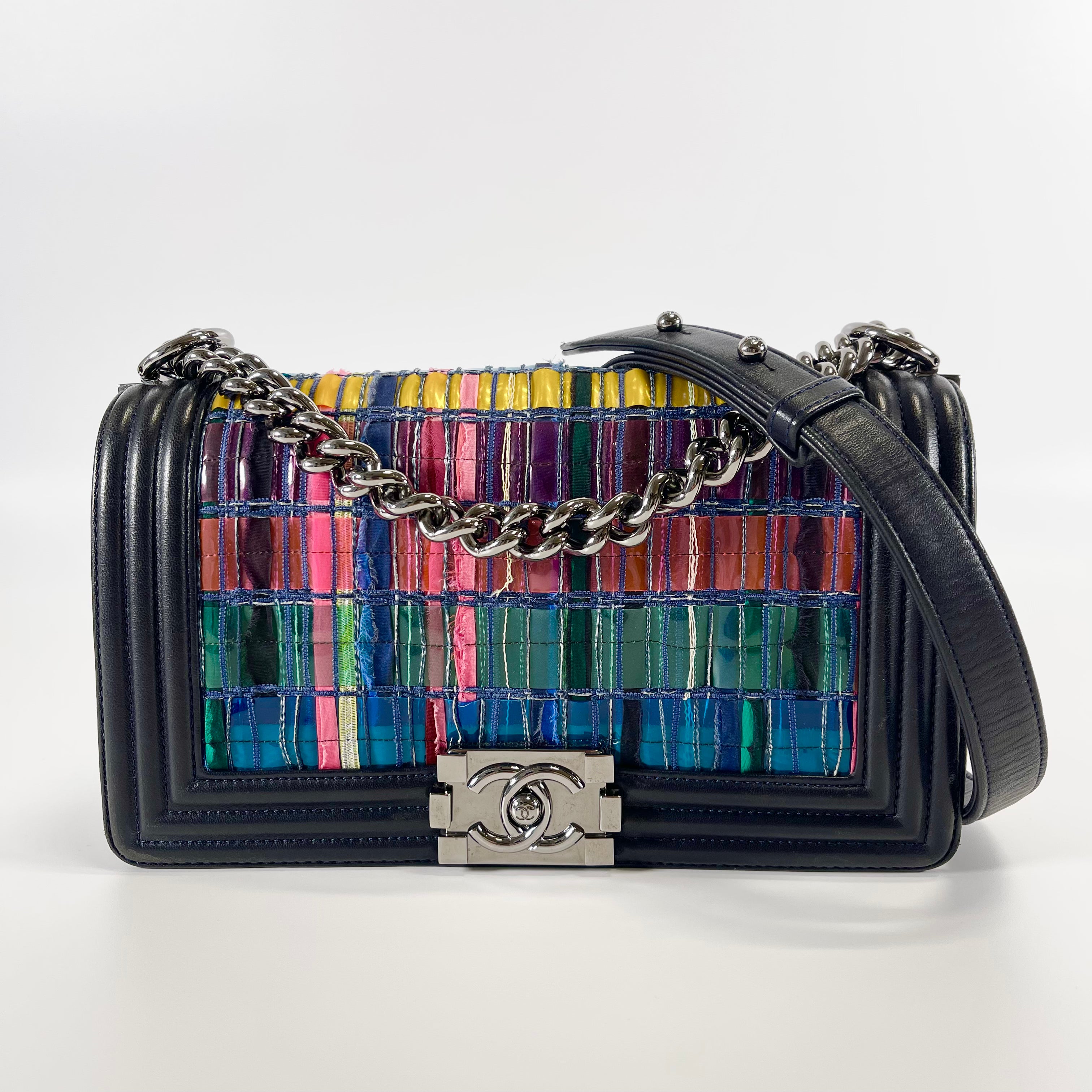 2602 secondhand CHANEL Boy 25 calf canvas black Multi color SV B Rank
