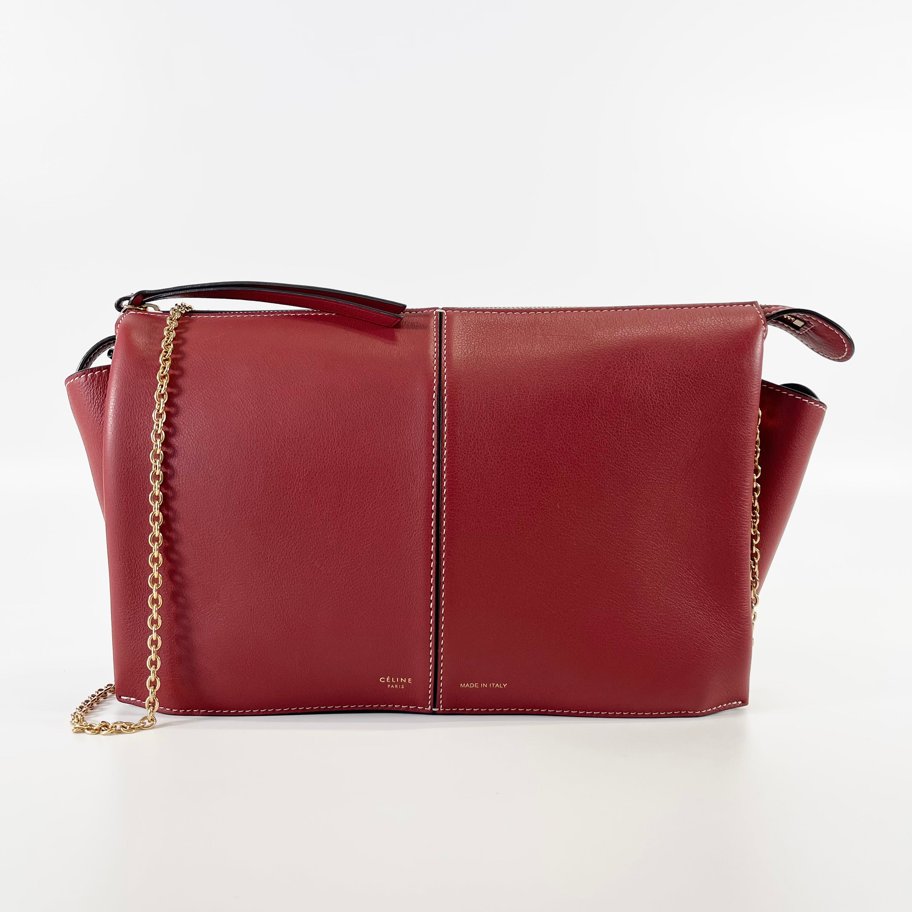 2602 secondhand CELINE Trifold leather Chain Shoulder Bag Red F mark
