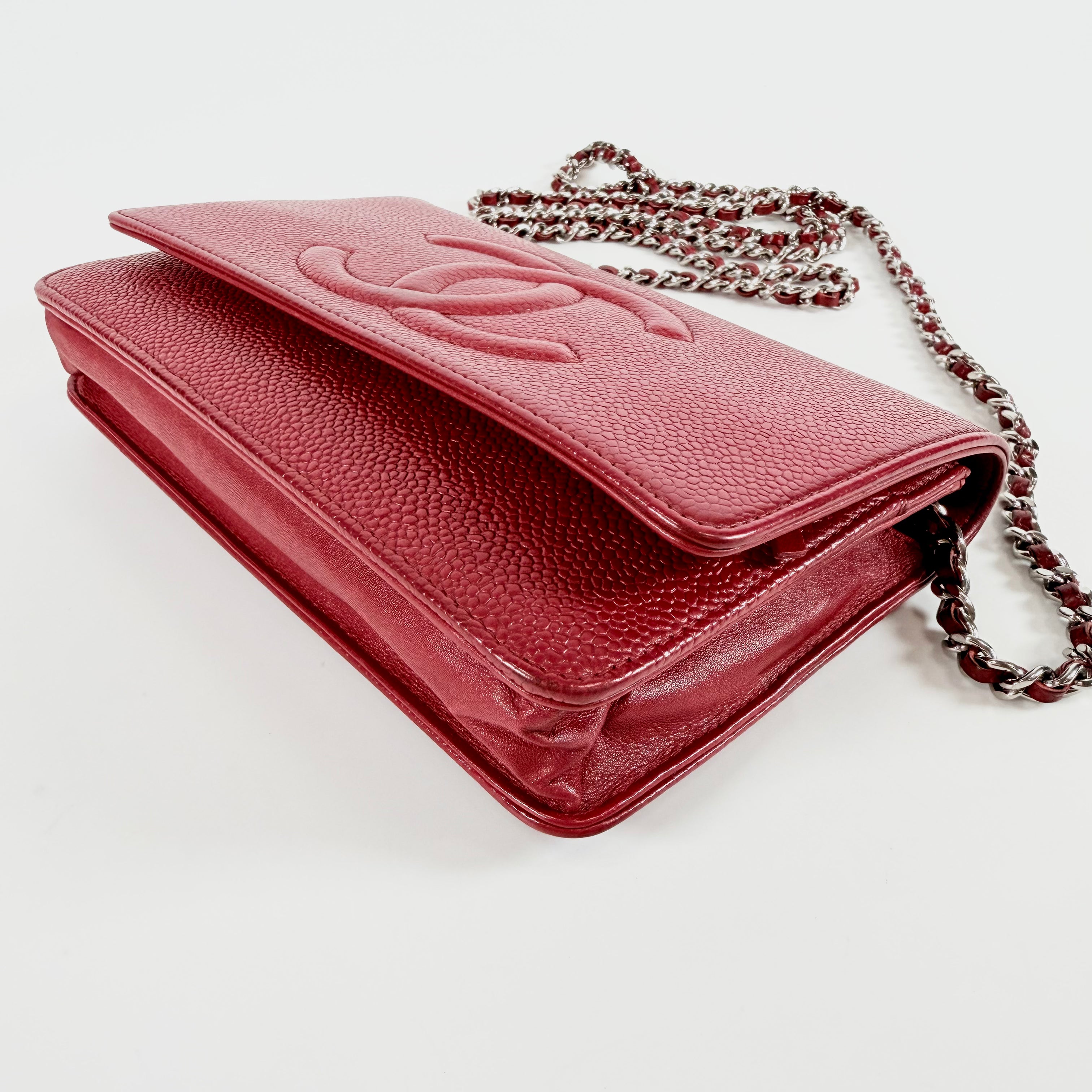 2608 secondhand CHANEL Cocomark caviar skin Chain Wallet Red Silver metal fittings 15456105 15