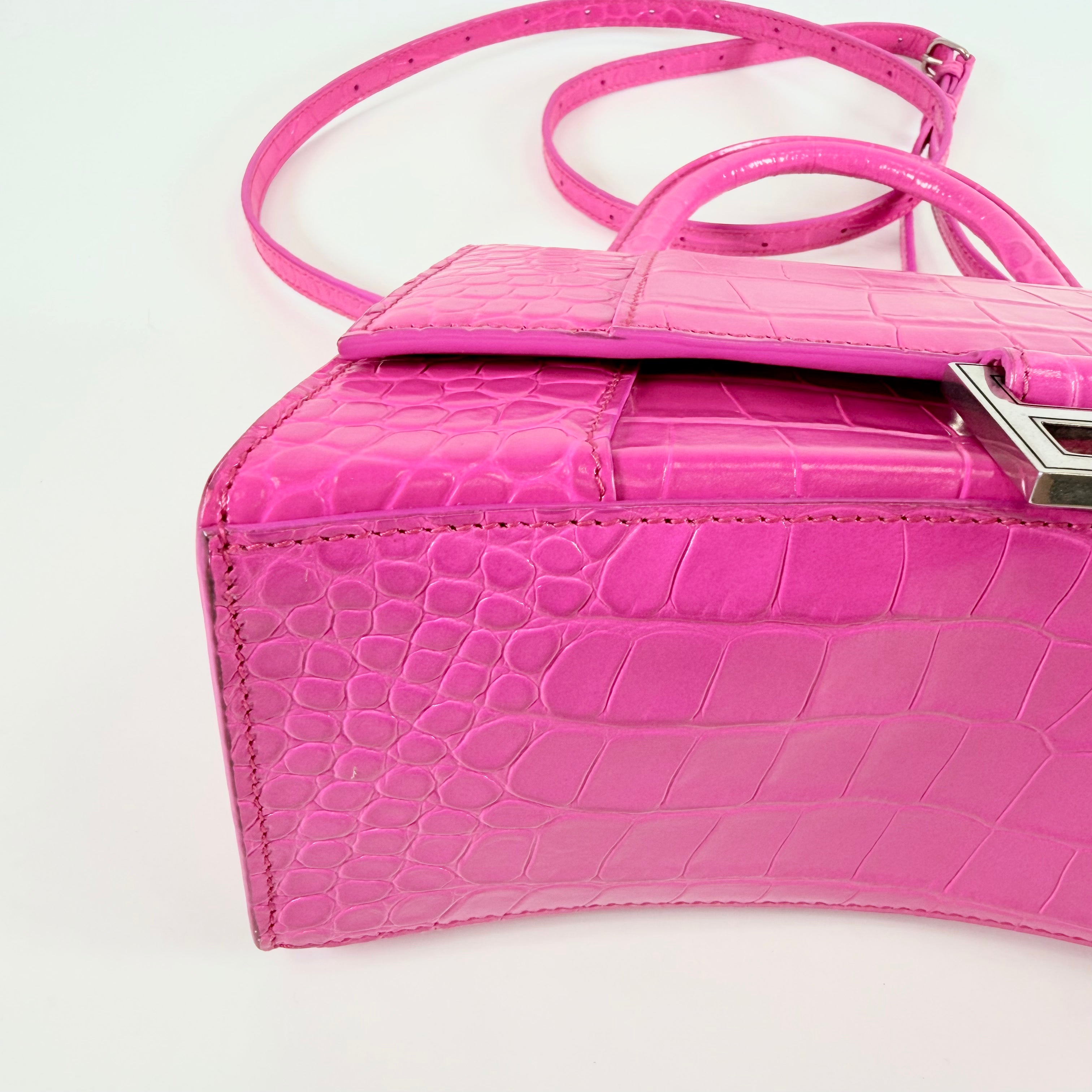 2607 secondhand BALENCIAGA Hourglass 2Way Bag Pink Crocodile Embossed