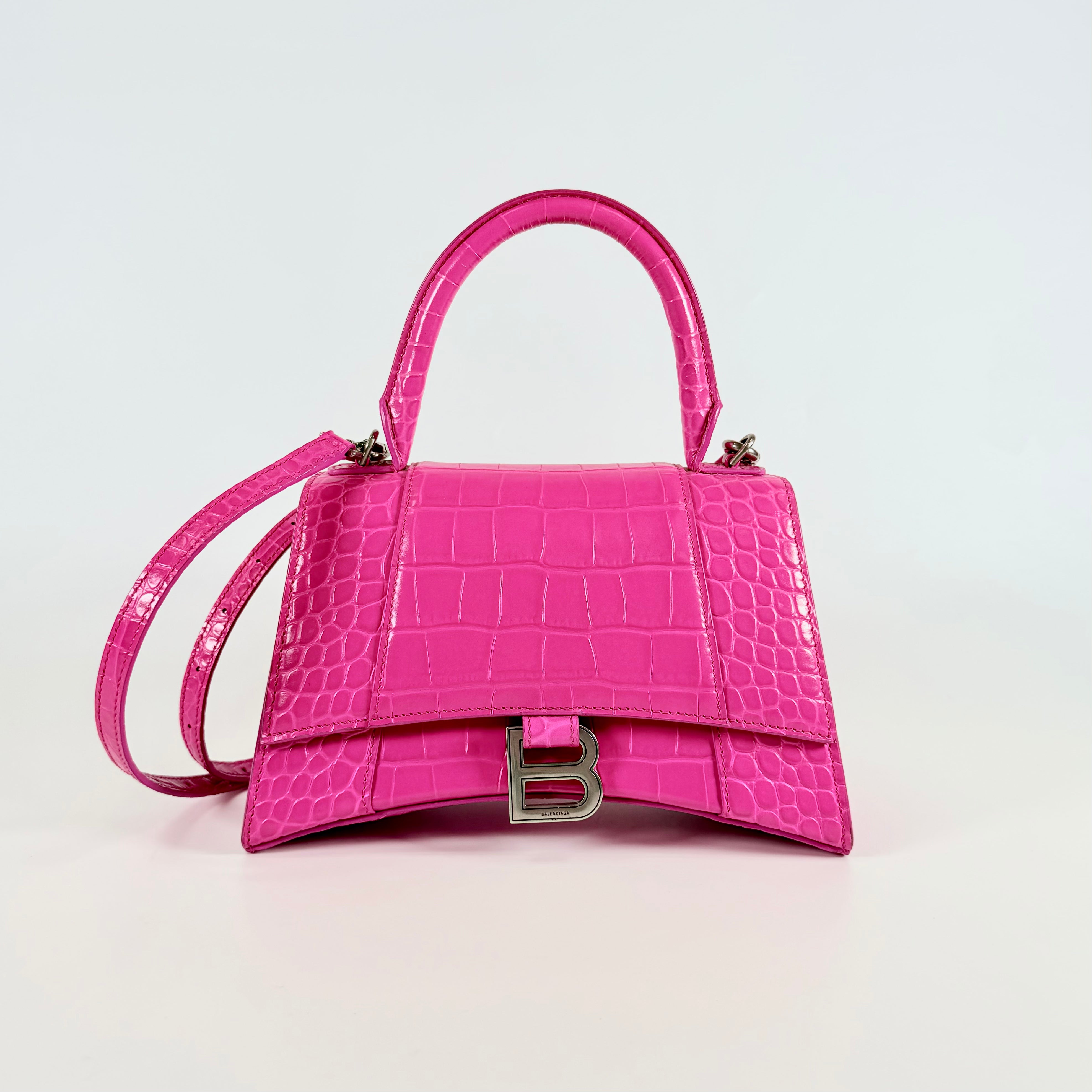 2607 secondhand BALENCIAGA Hourglass 2Way Bag Pink Crocodile Embossed