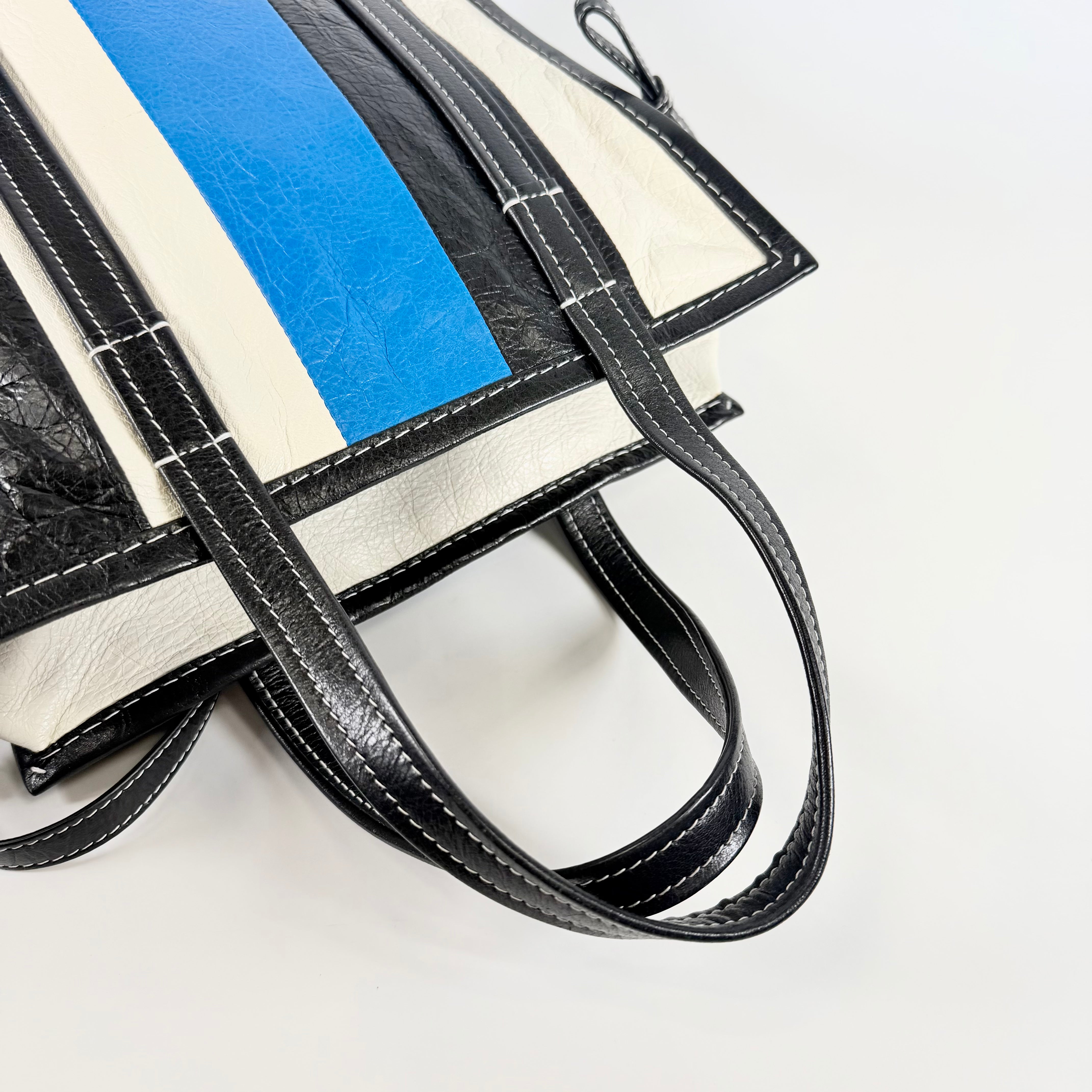 2608 secondhand BALENCIAGA Bazaar 2WAY Shopper leather white blue black