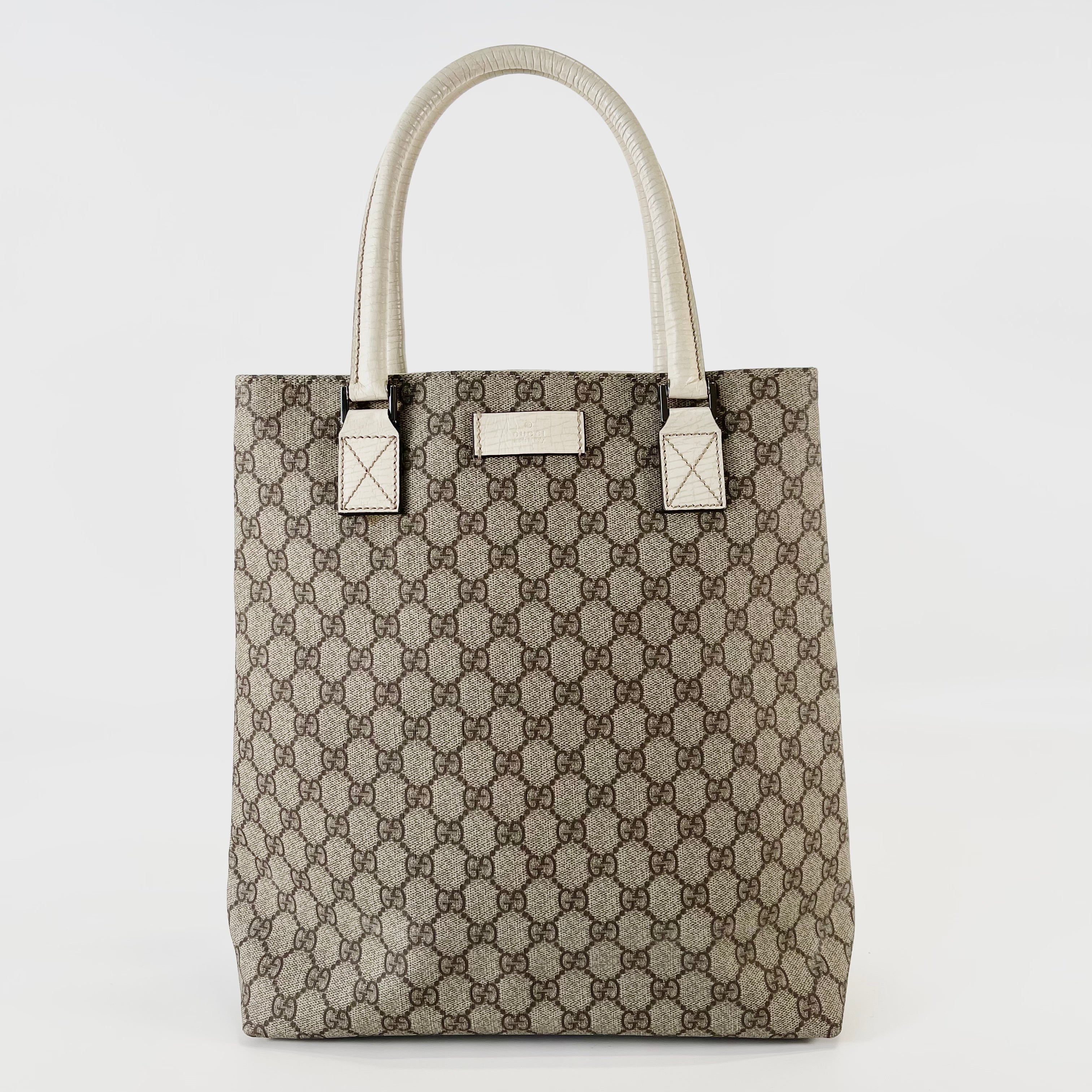 2602 secondhand GUCCI GG Supreme PVCx leather Tote Bag beige x white 131220