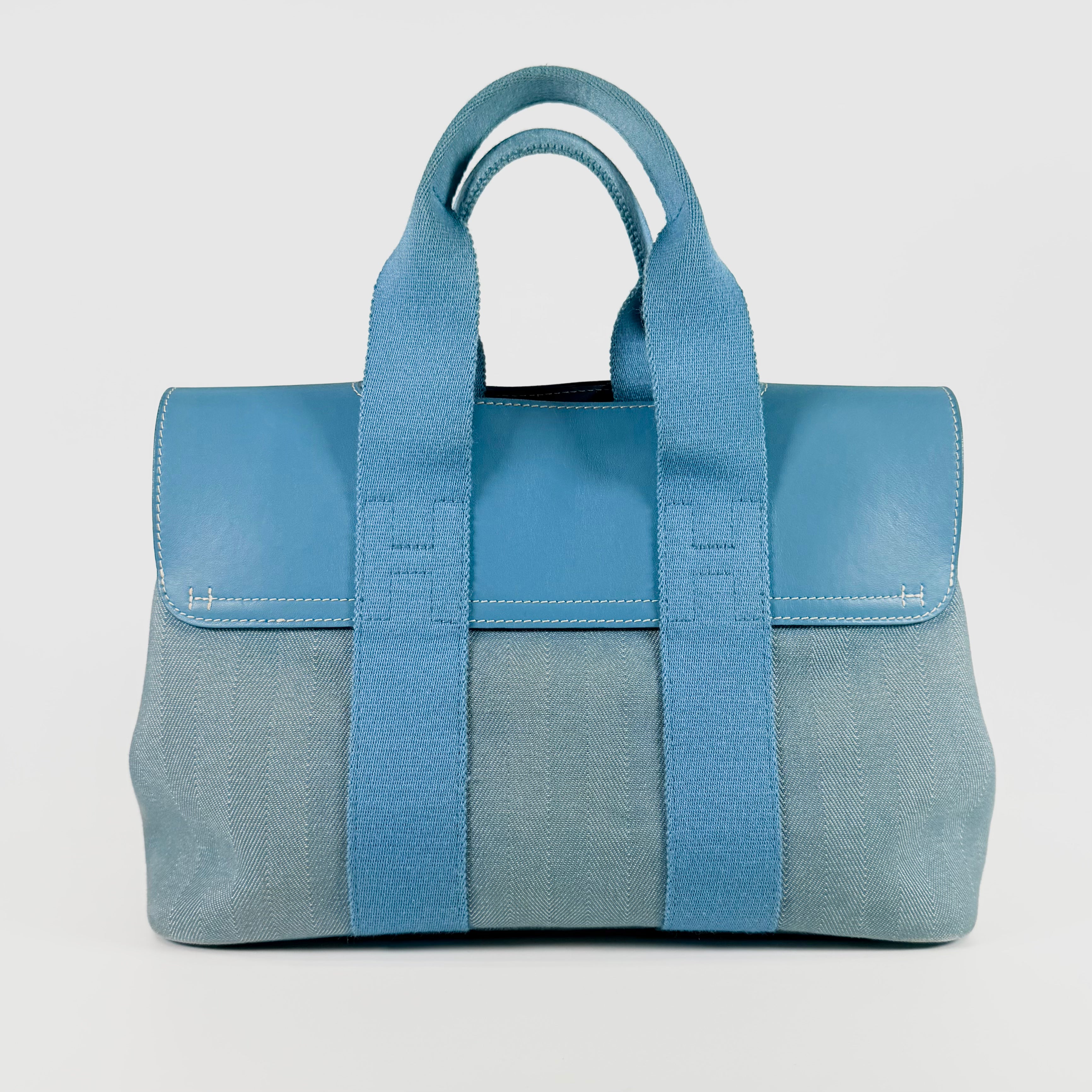 2606 secondhand HERMES Toile Chevron / leather PM Blue Jean box