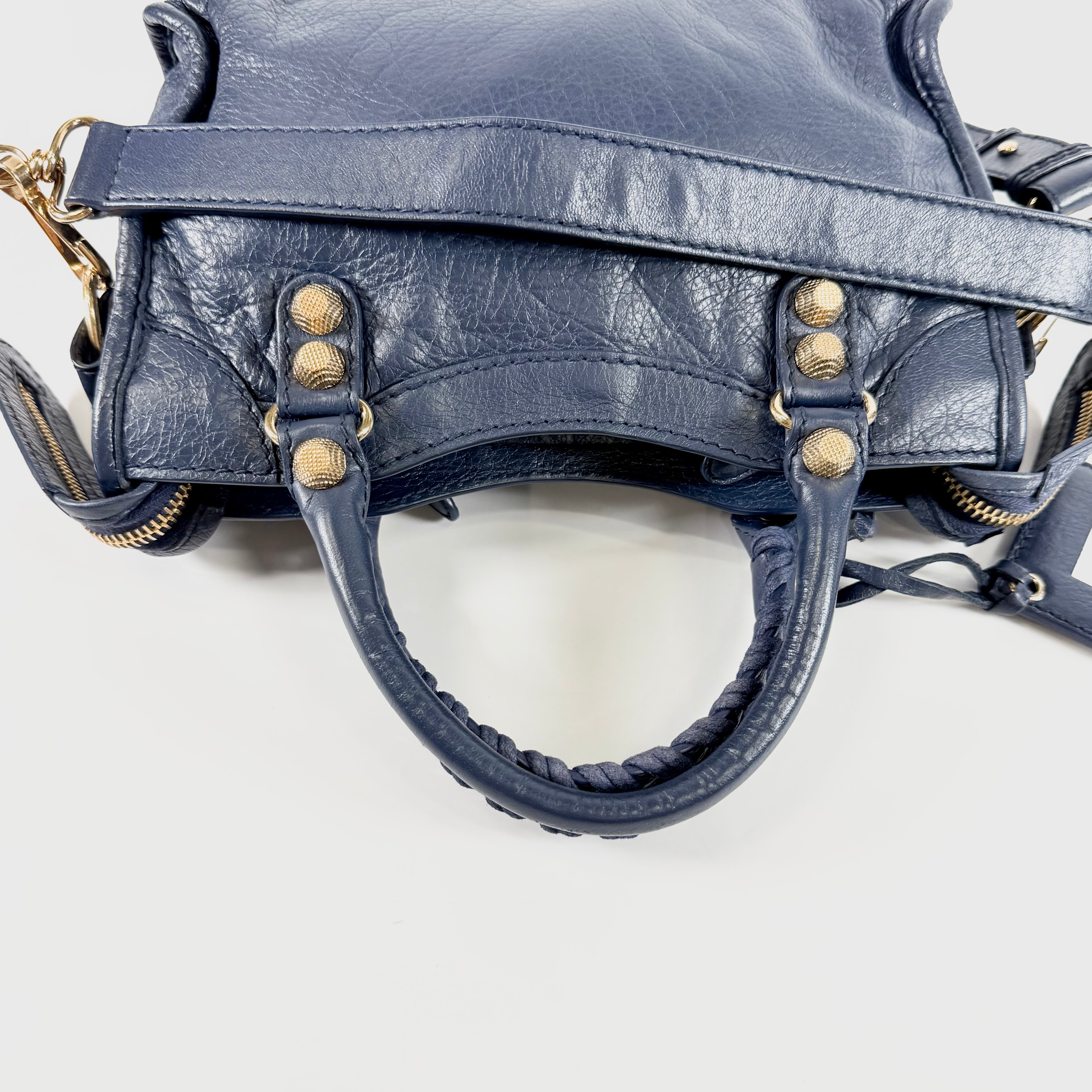 2608 secondhand BALENCIAGA Giant mini City leather 2WAY hand bag Navy 309544 mirror With