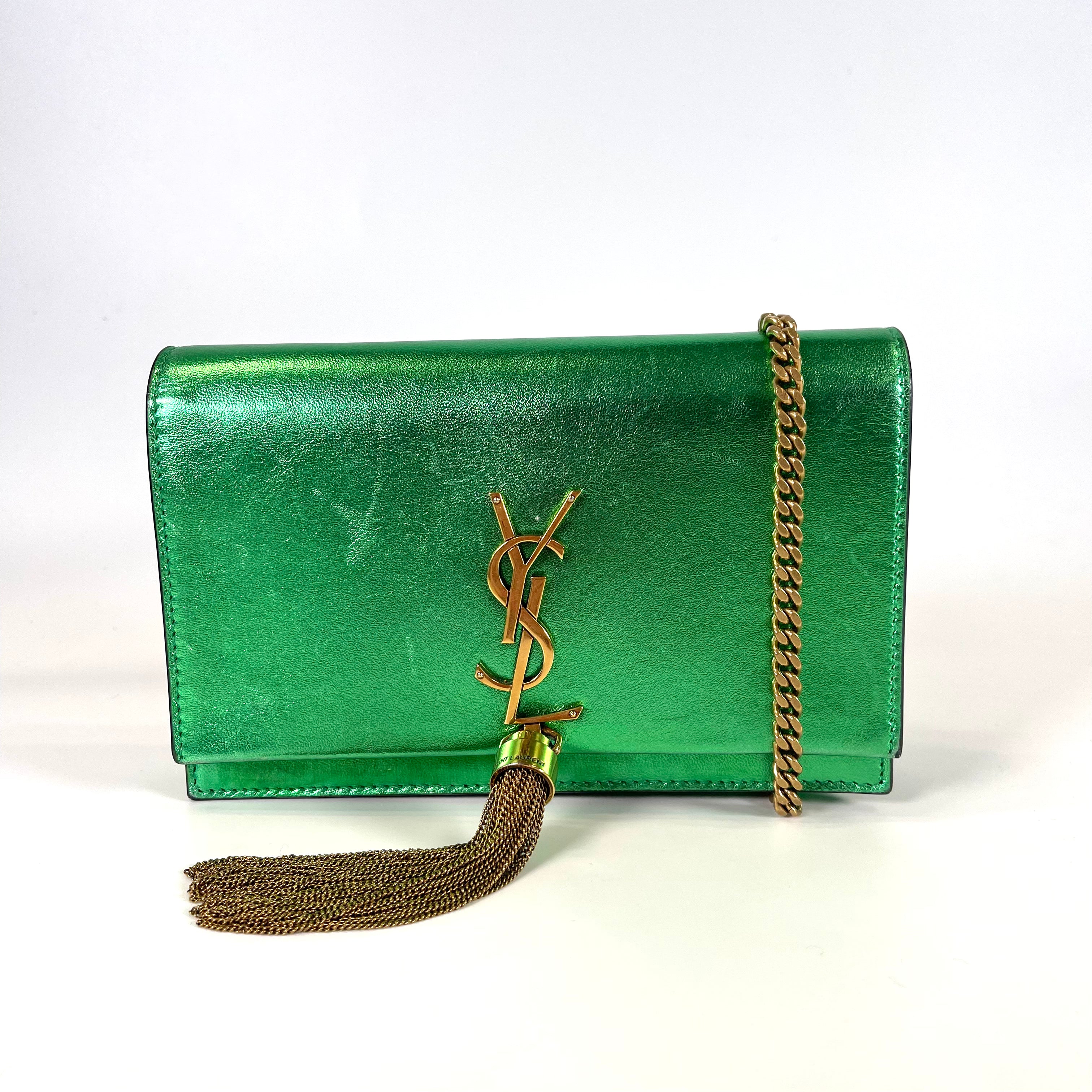2510 SAINT LAURENT Cassandra Fringe Full Flap Chain Wallet in Metallic Green