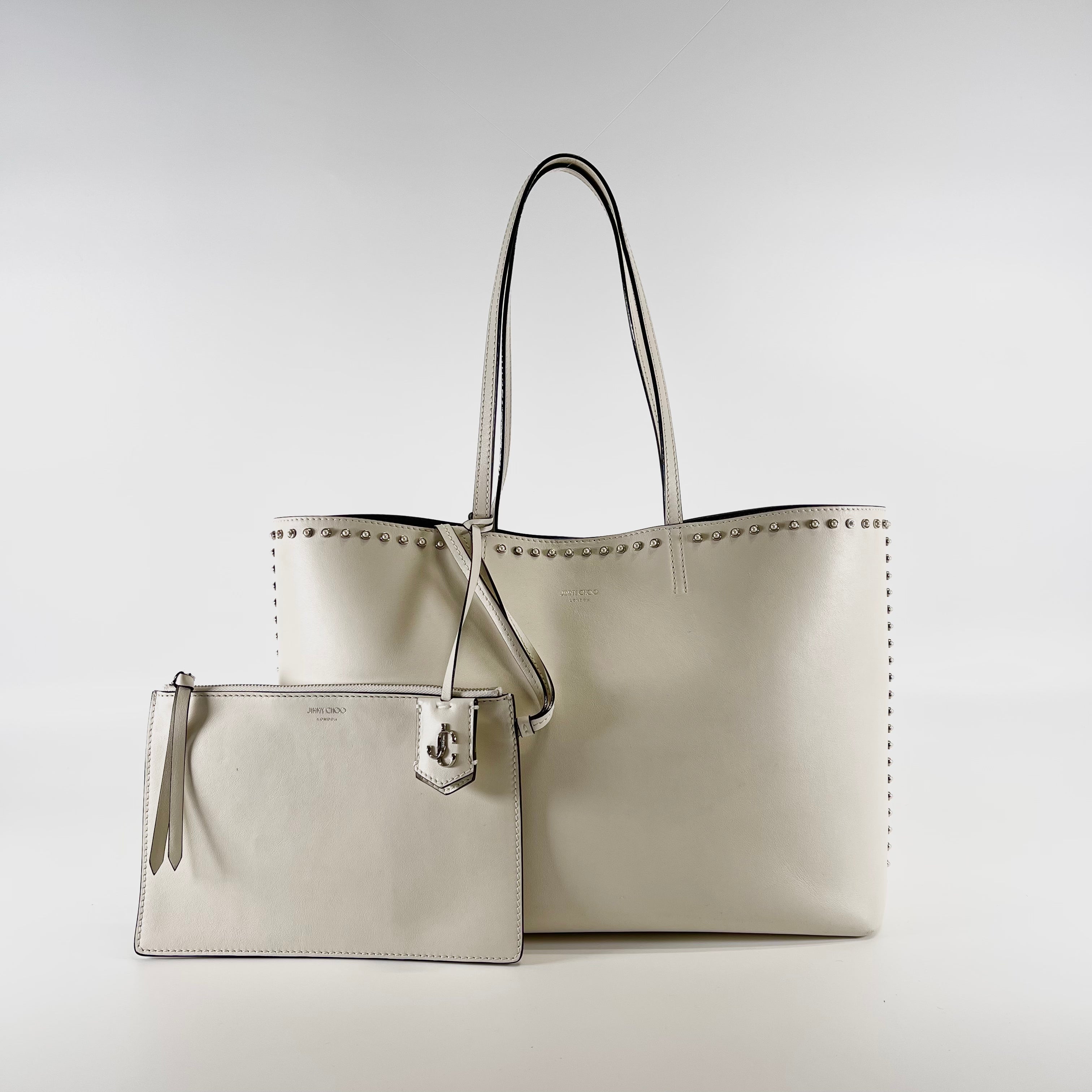 2601 secondhand JIMMYCHOO logo leather x studs Tote Bag white