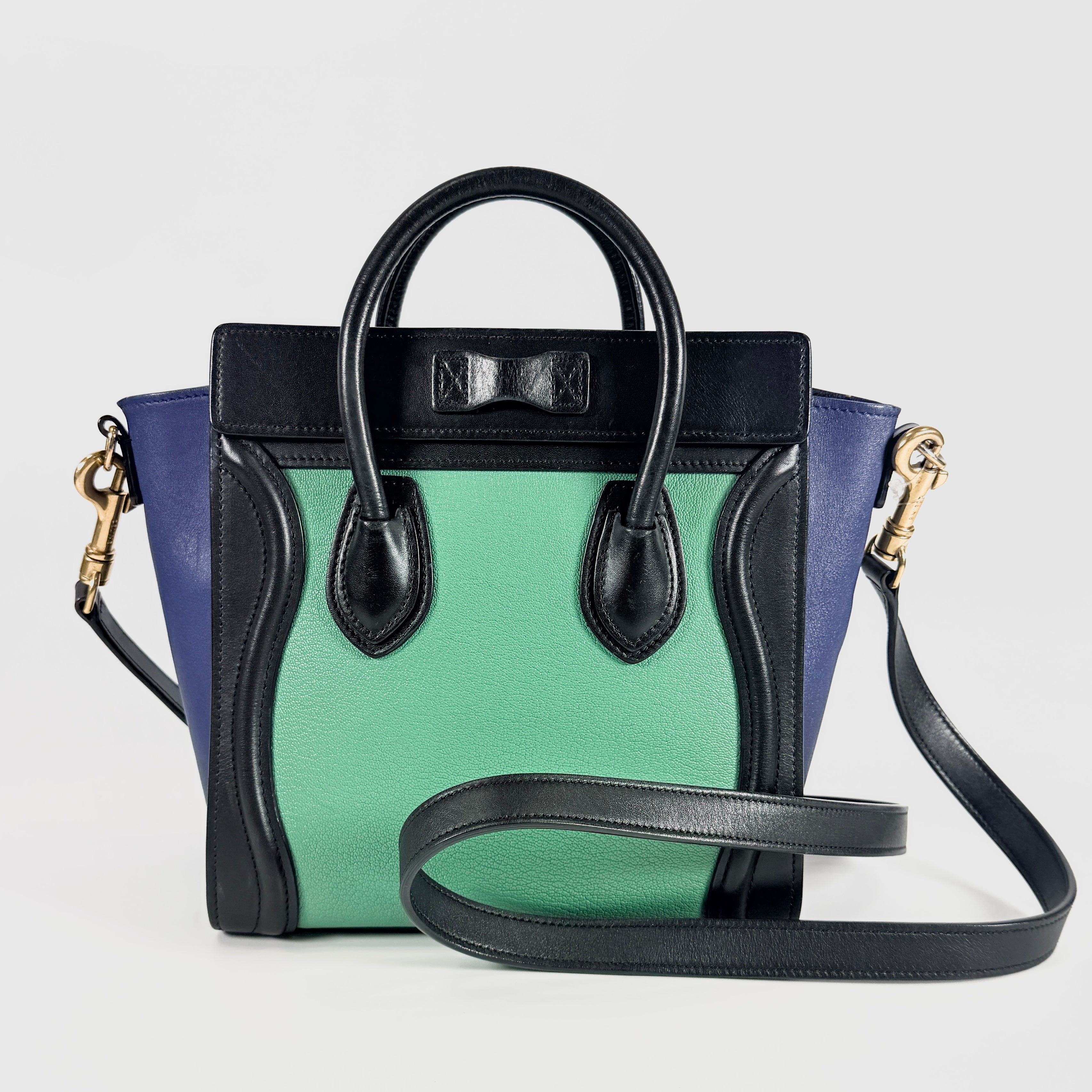 2606 secondhand CELINE leather Luggage Nano Shopper black blue green