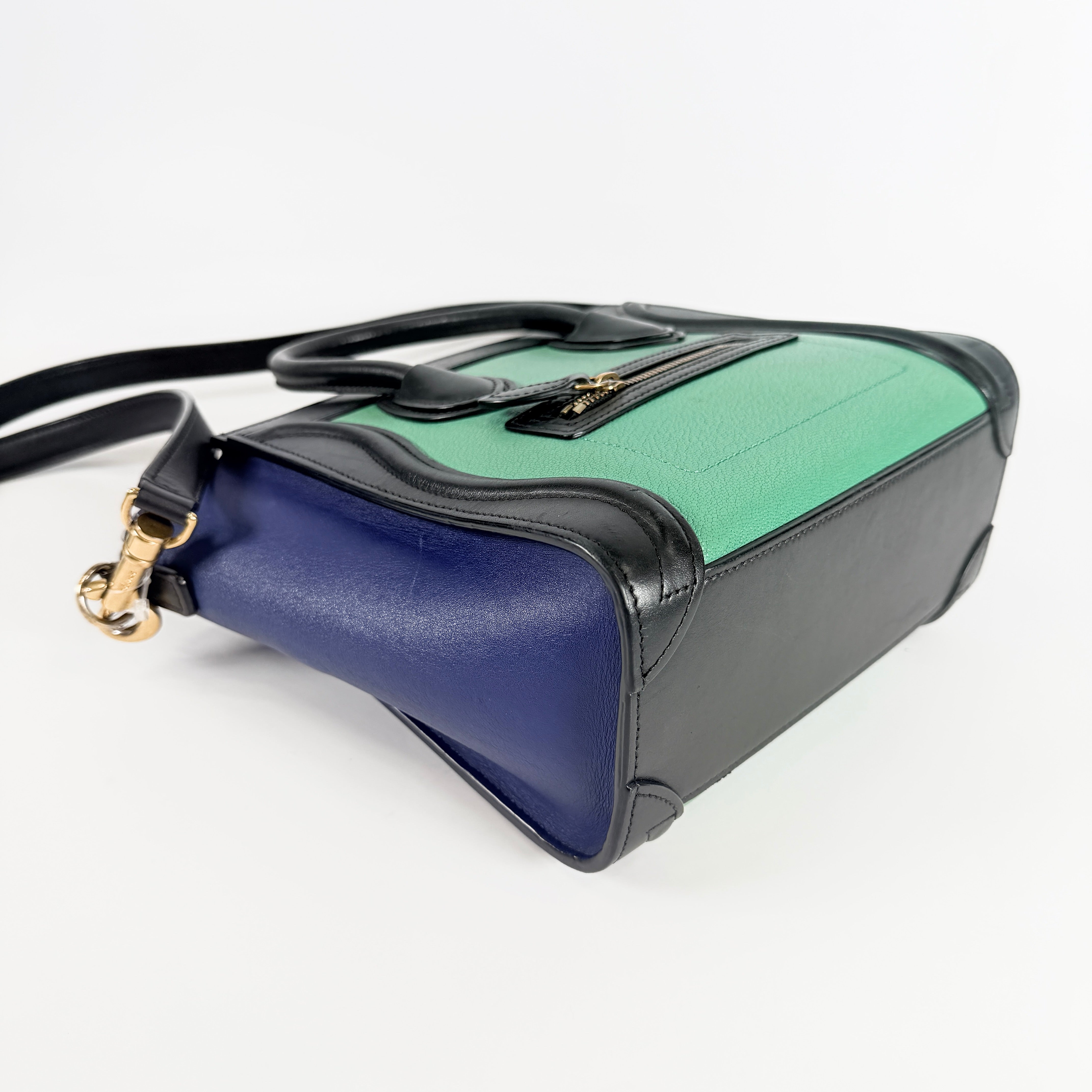 2606 secondhand CELINE leather Luggage Nano Shopper black blue green