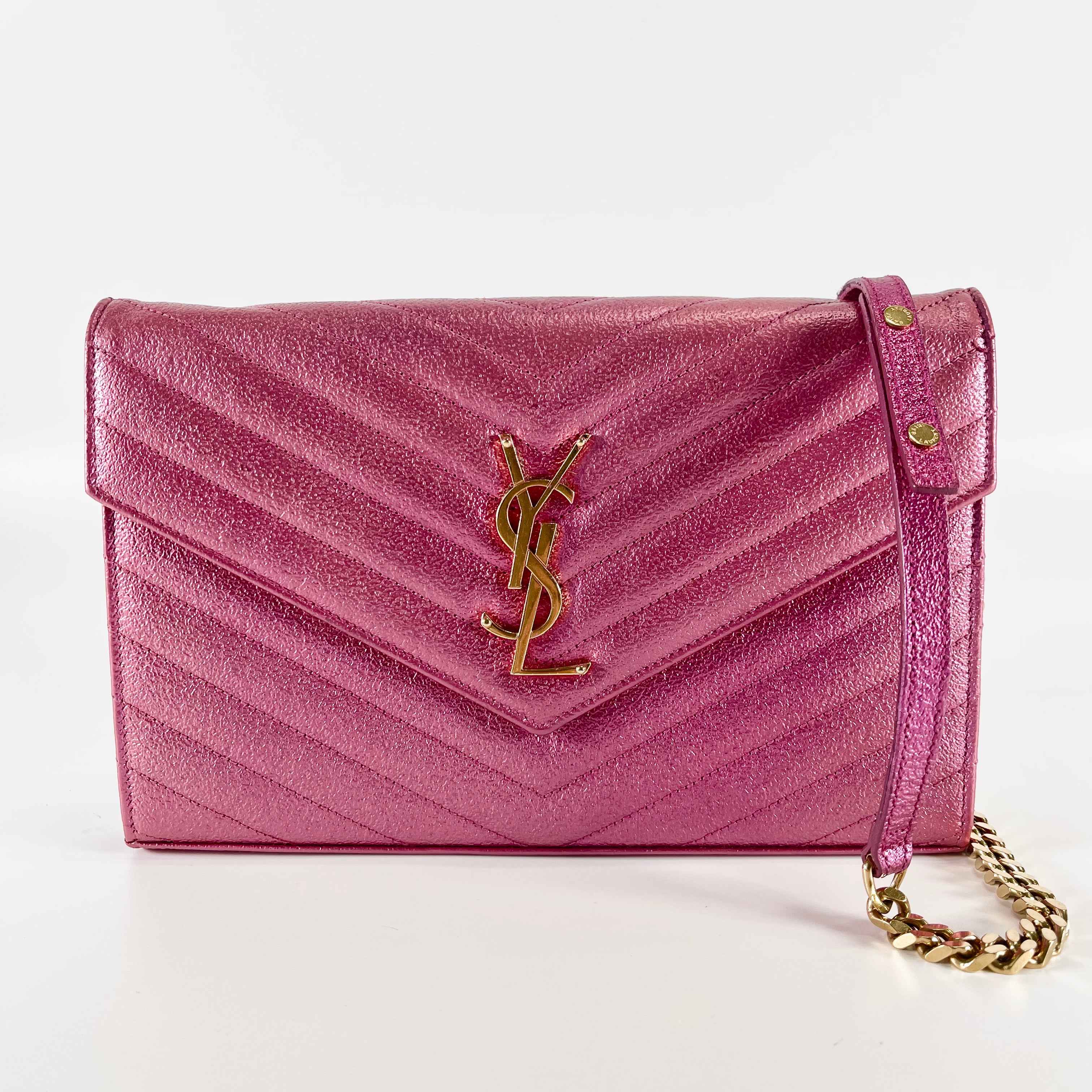 2603 secondhand SAINTLAURENT leather Chain Wallet pink strap