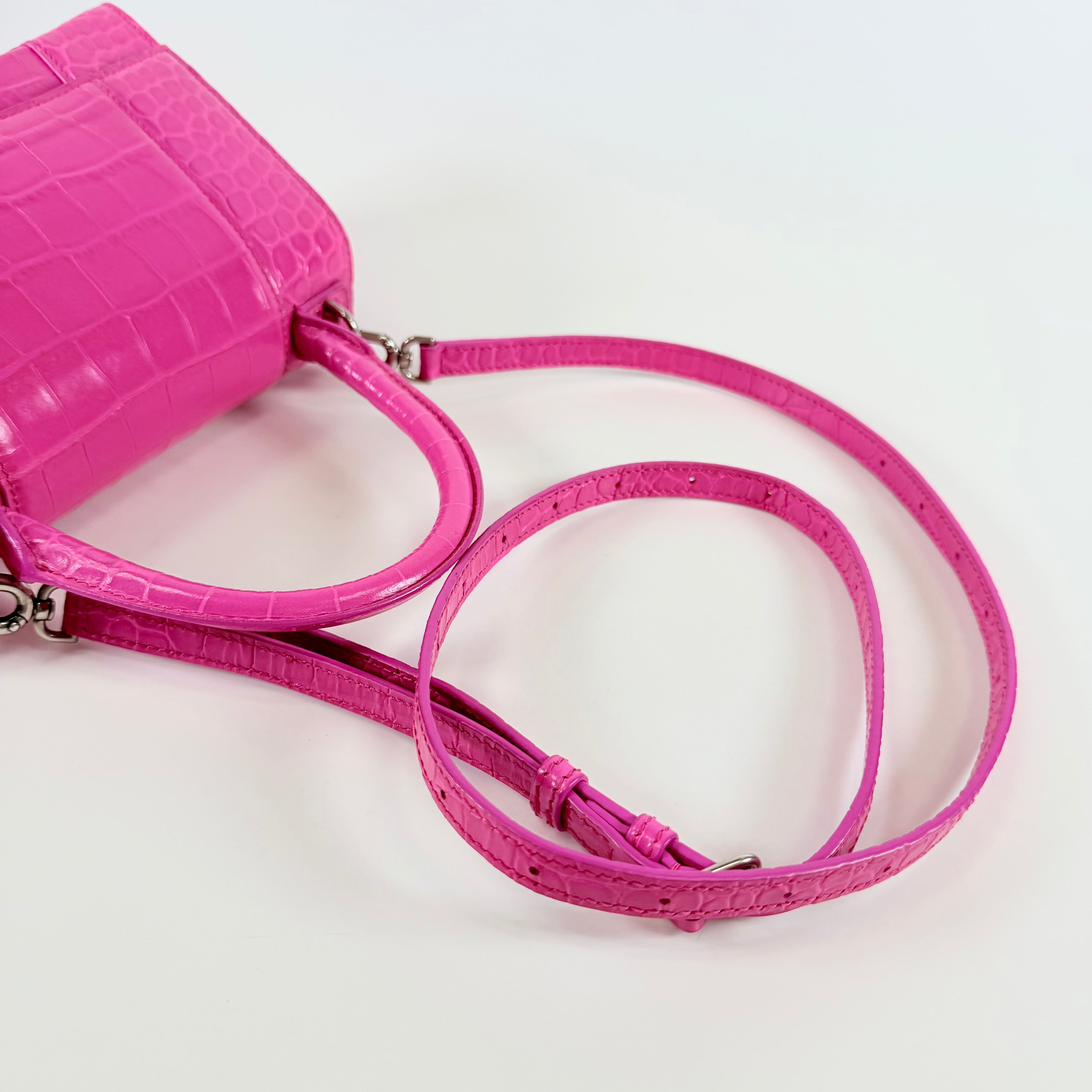 2607 secondhand BALENCIAGA Hourglass 2Way Bag Pink Crocodile Embossed