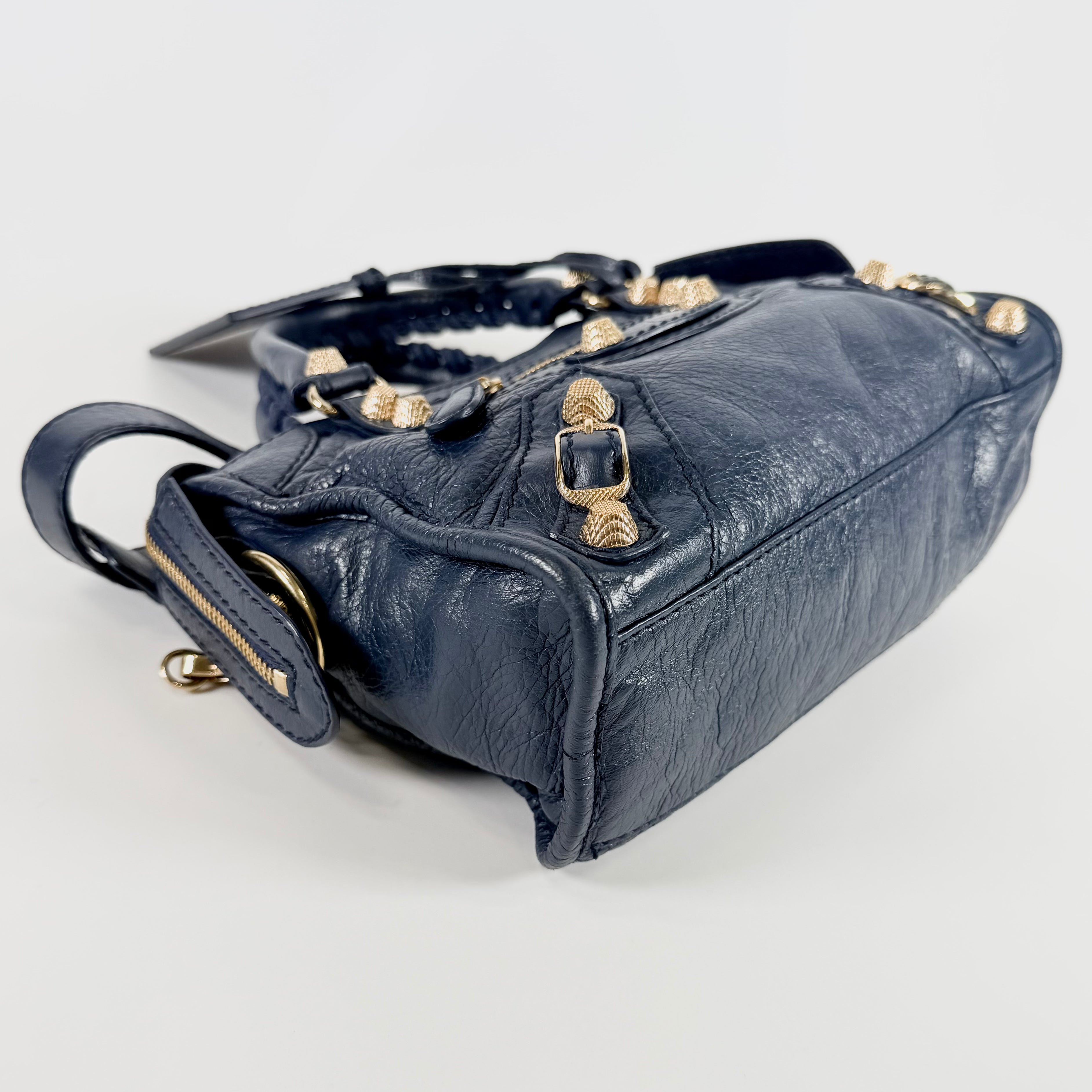 2608 secondhand BALENCIAGA Giant mini City leather 2WAY hand bag Navy 309544 mirror With