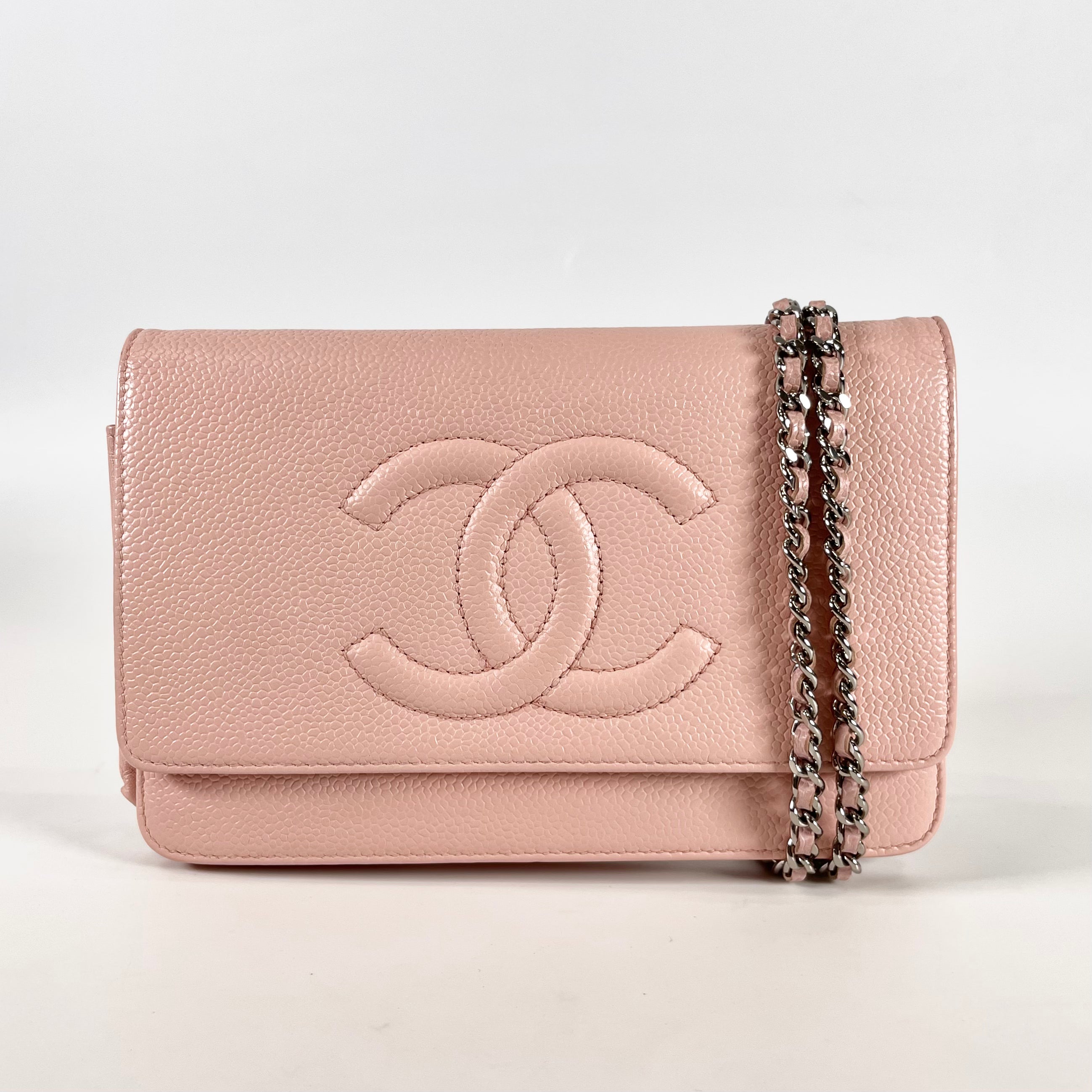2601 secondhand CHANEL Cocomark caviar skin Chain Wallet pink