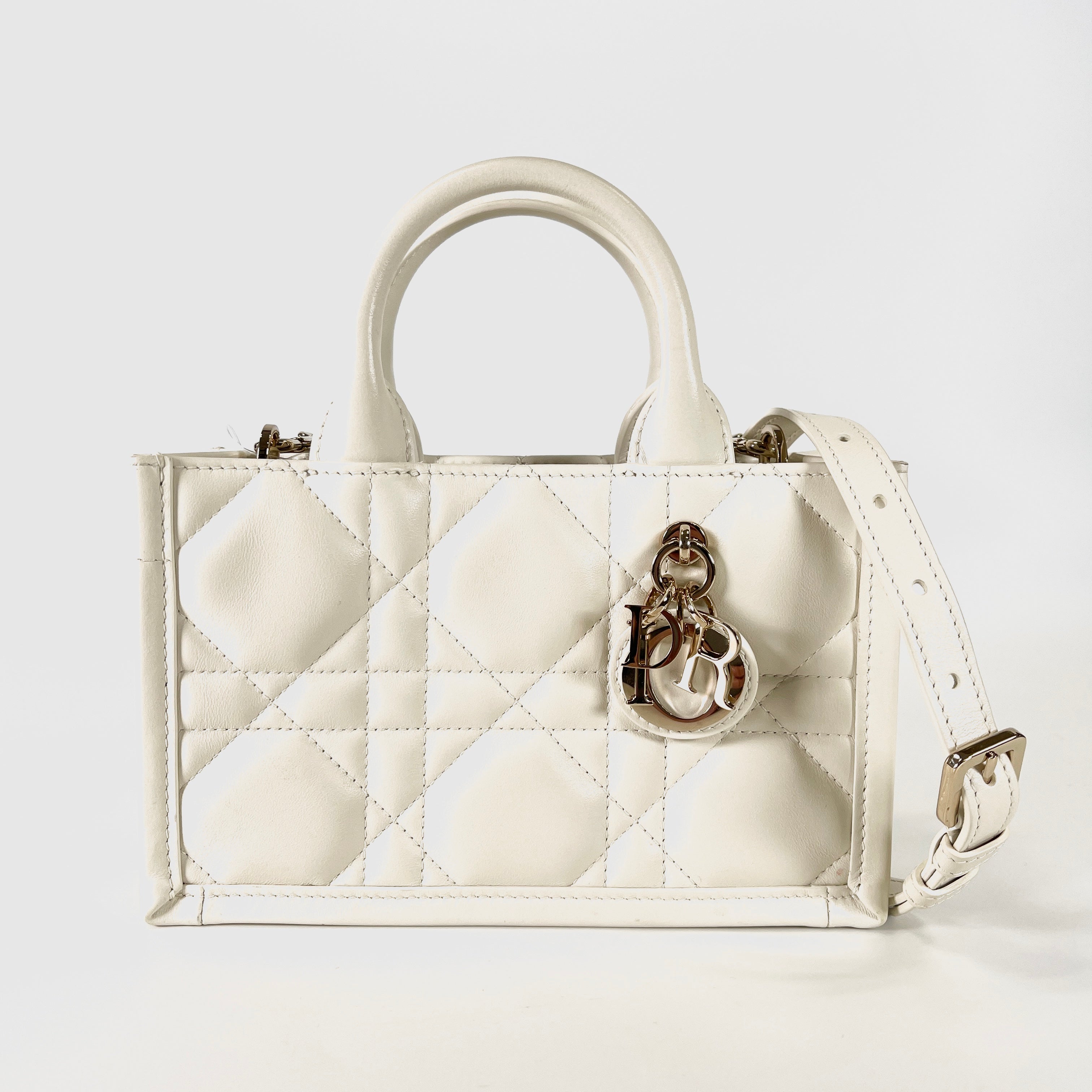 2603 secondhand CD brand bag leather Book Tote mini Kuro Cannage 83 MA 0244 white strap