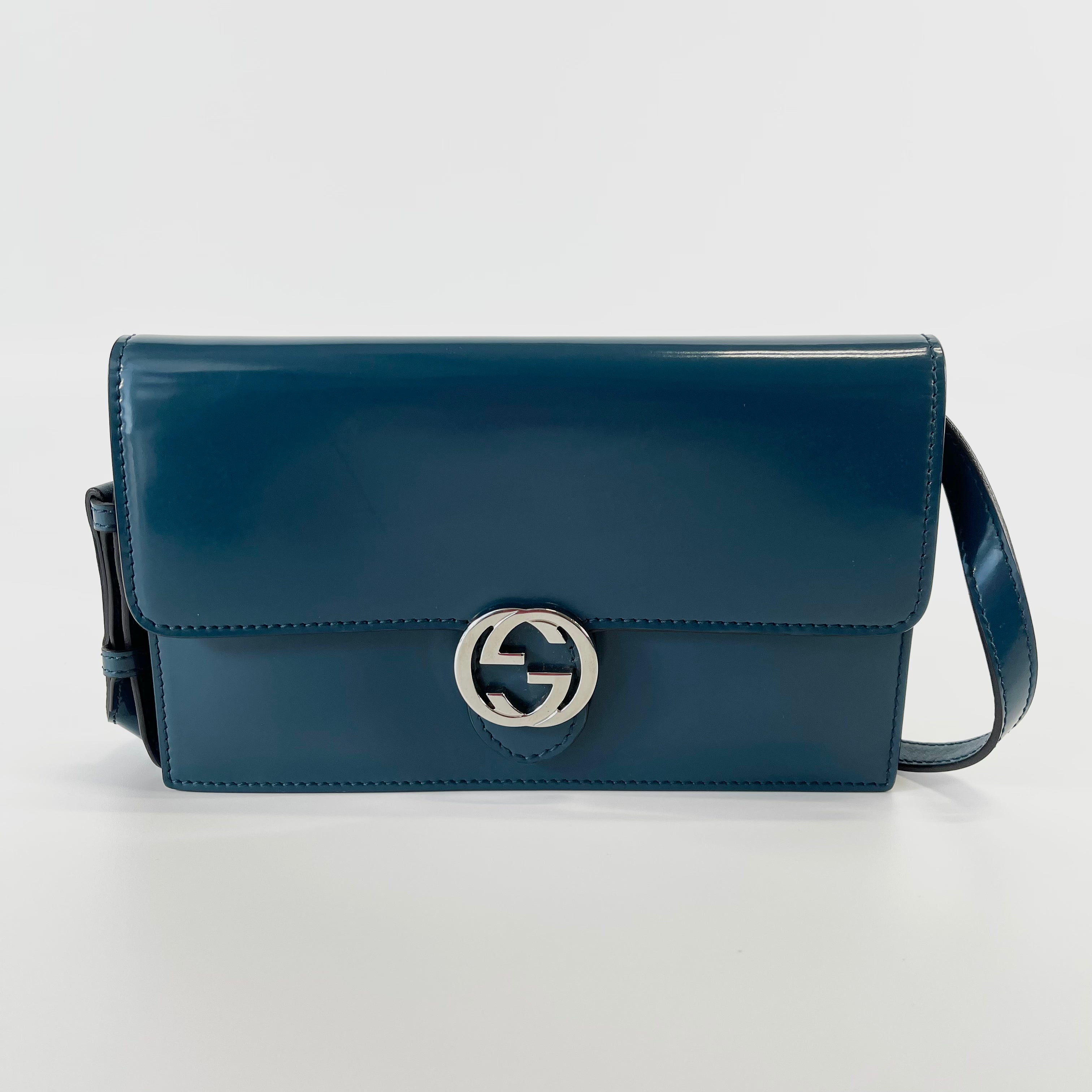 2602 secondhand GUCCI Interlocking G leather Shoulder bag blue 369664