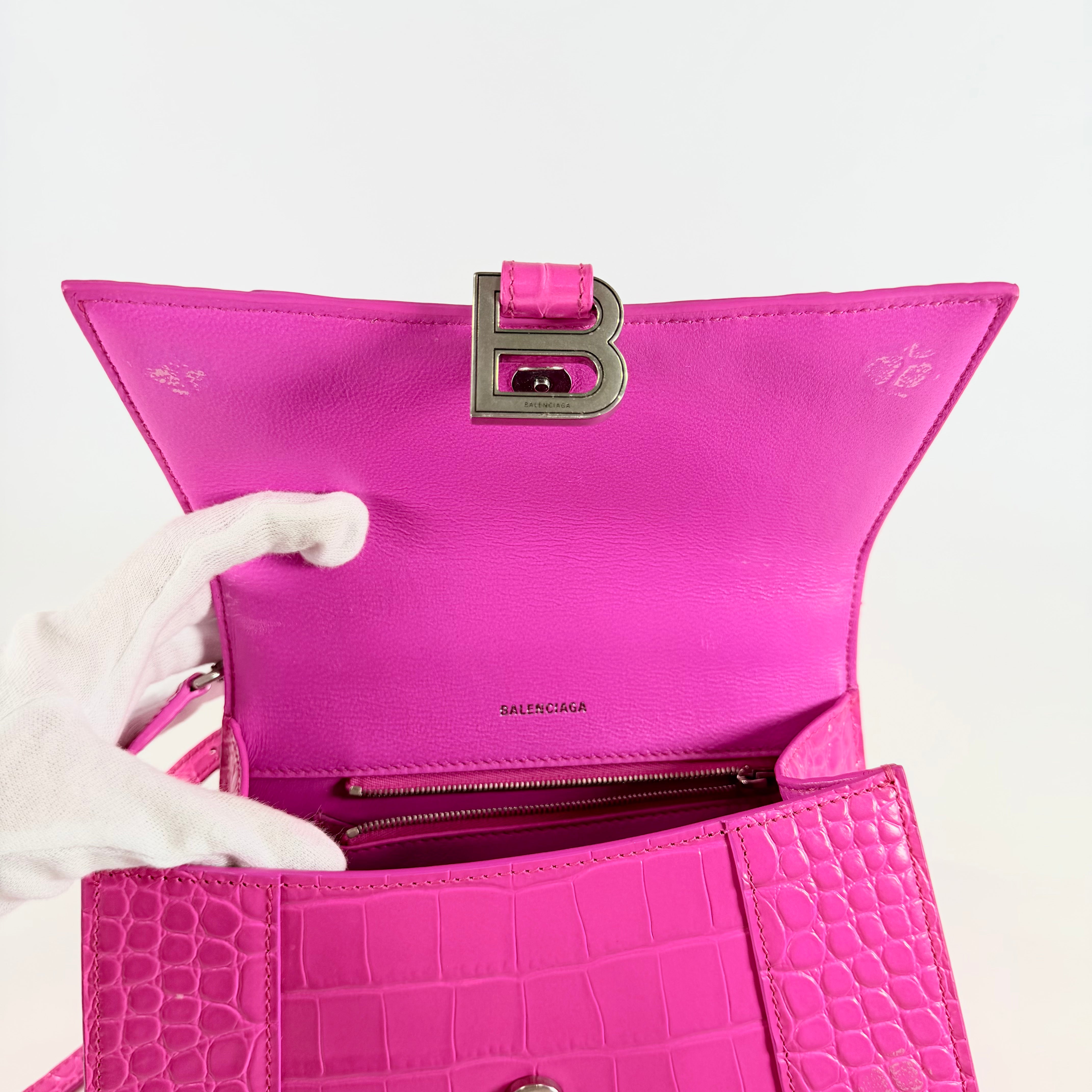 2607 secondhand BALENCIAGA Hourglass 2Way Bag Pink Crocodile Embossed