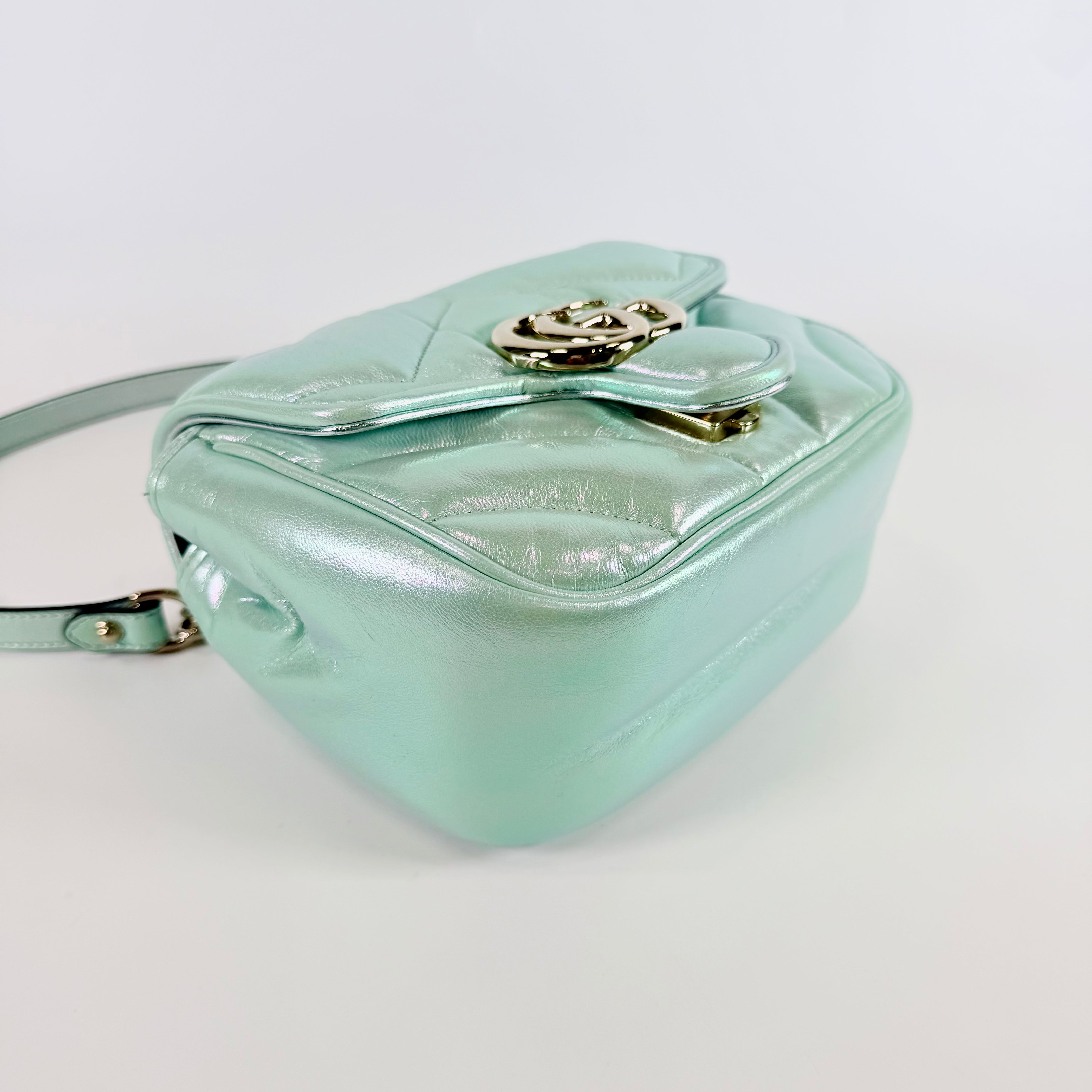 2607 secondhand GUCCI 739682 GG Marmont Chain Shoulder Bag mini green leather