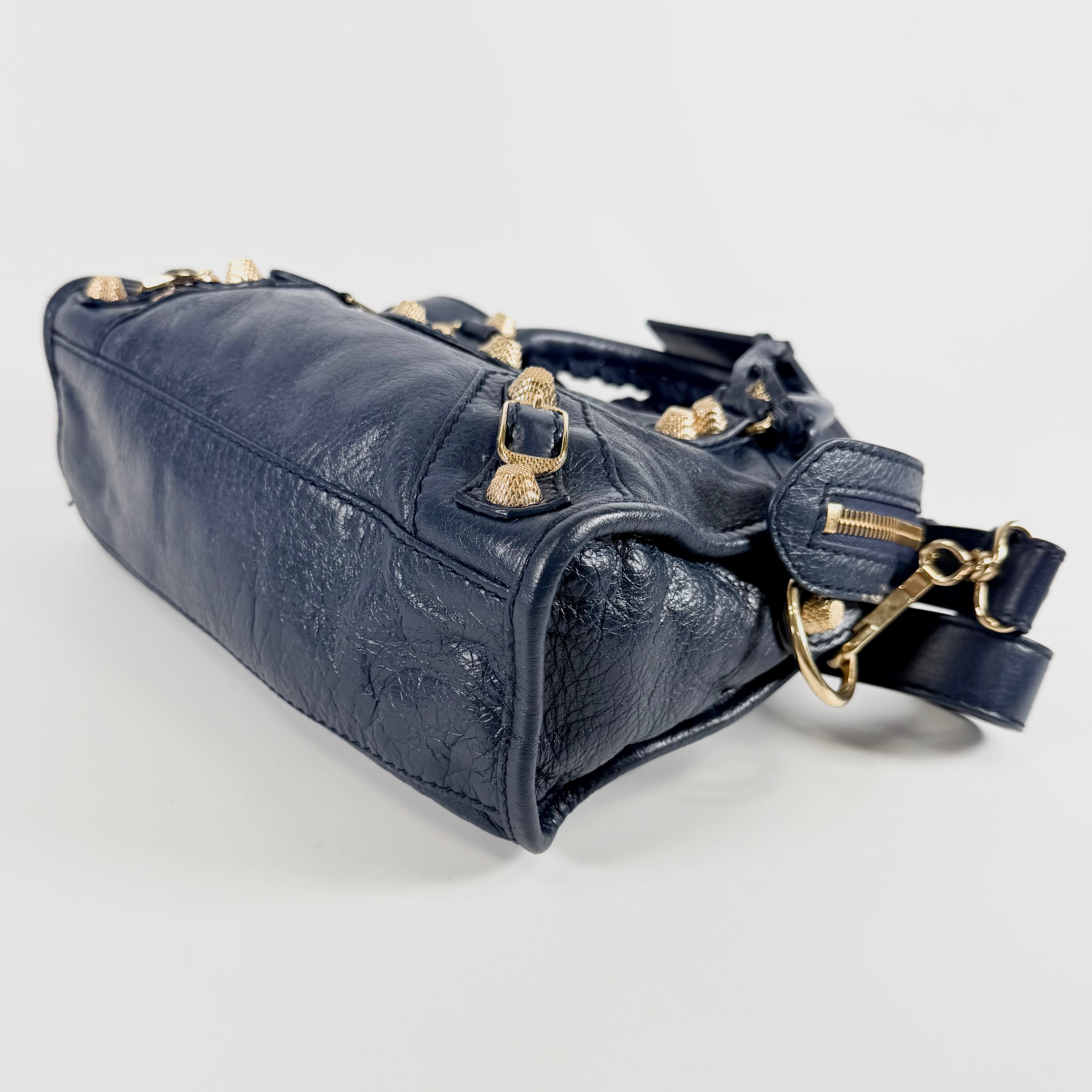2608 secondhand BALENCIAGA Giant mini City leather 2WAY hand bag Navy 309544 mirror With