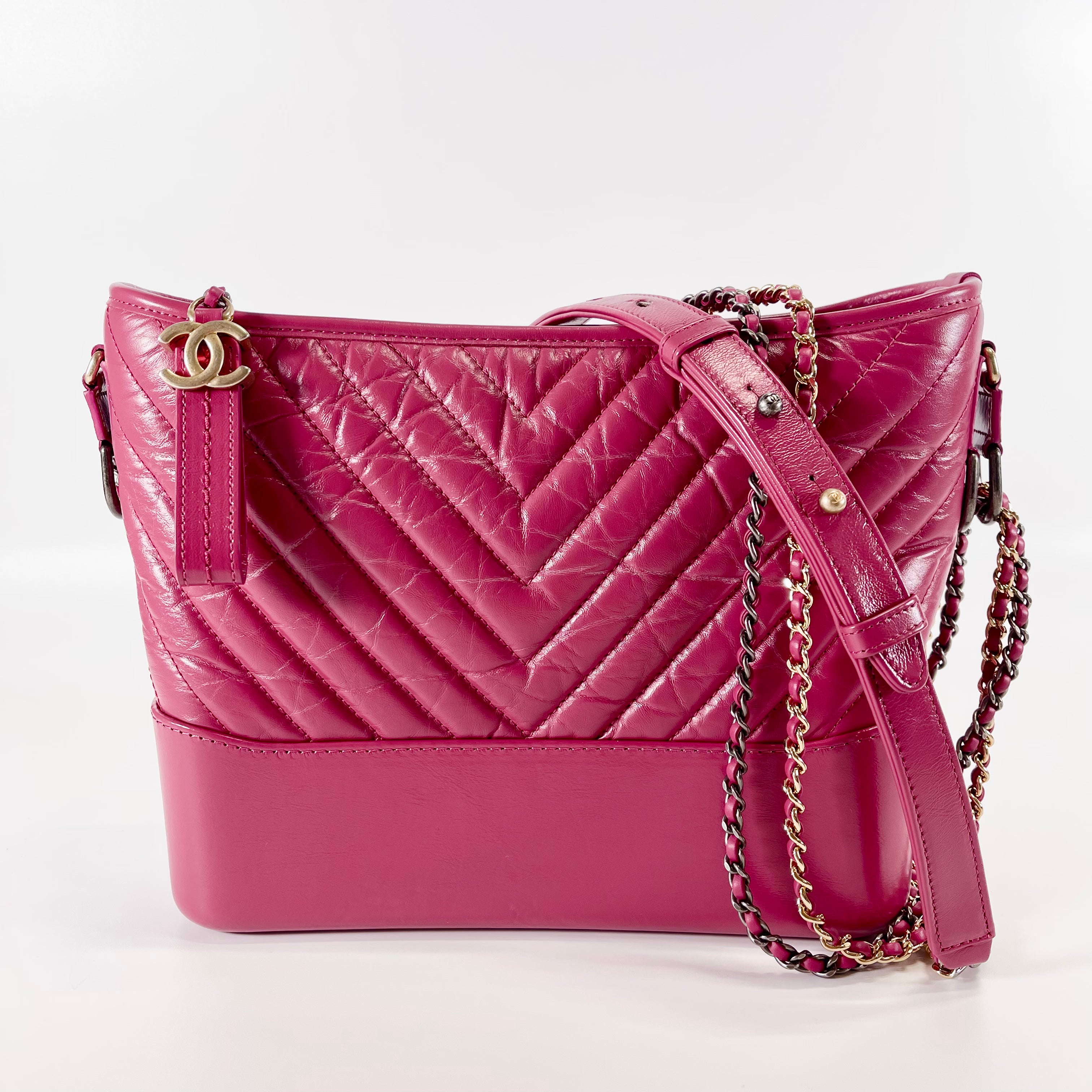 2602 secondhand CHANEL Gabrielle Doo Large Vintage calf Chain Shoulder Bag Chevron Pink Gold x Silver Metal Fittings 26311945