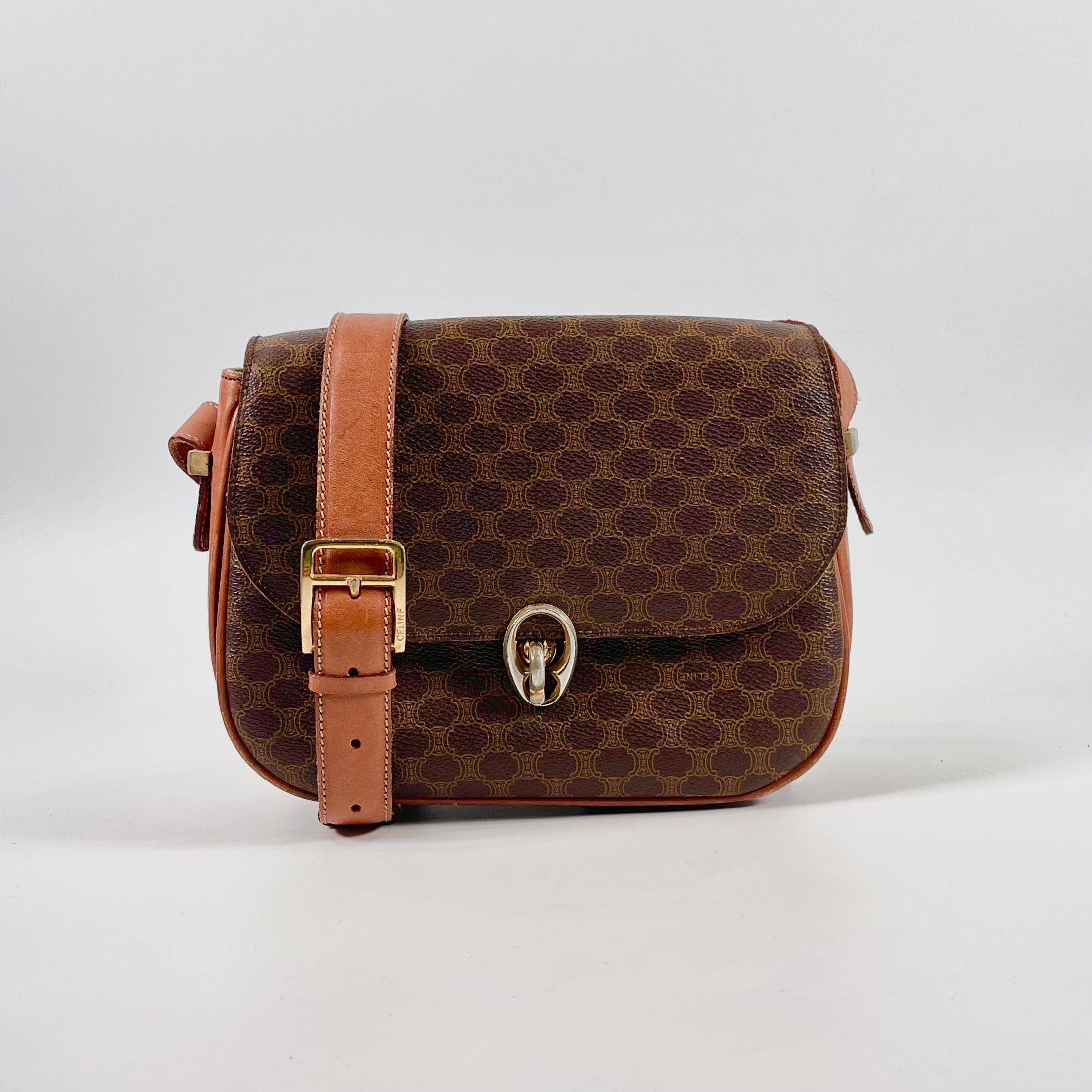 2511 CELINE Macadami Leather Shoulder Bag with Brown Strap