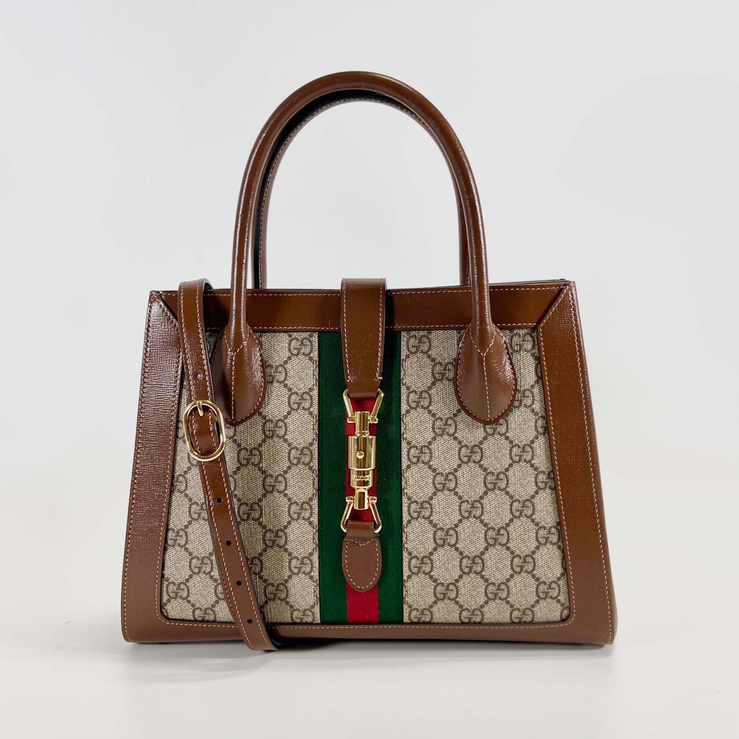 2508 GUCCI GG Supreme PVC/Leather 2-Way Tote Bag in Beige/Brown with Strap