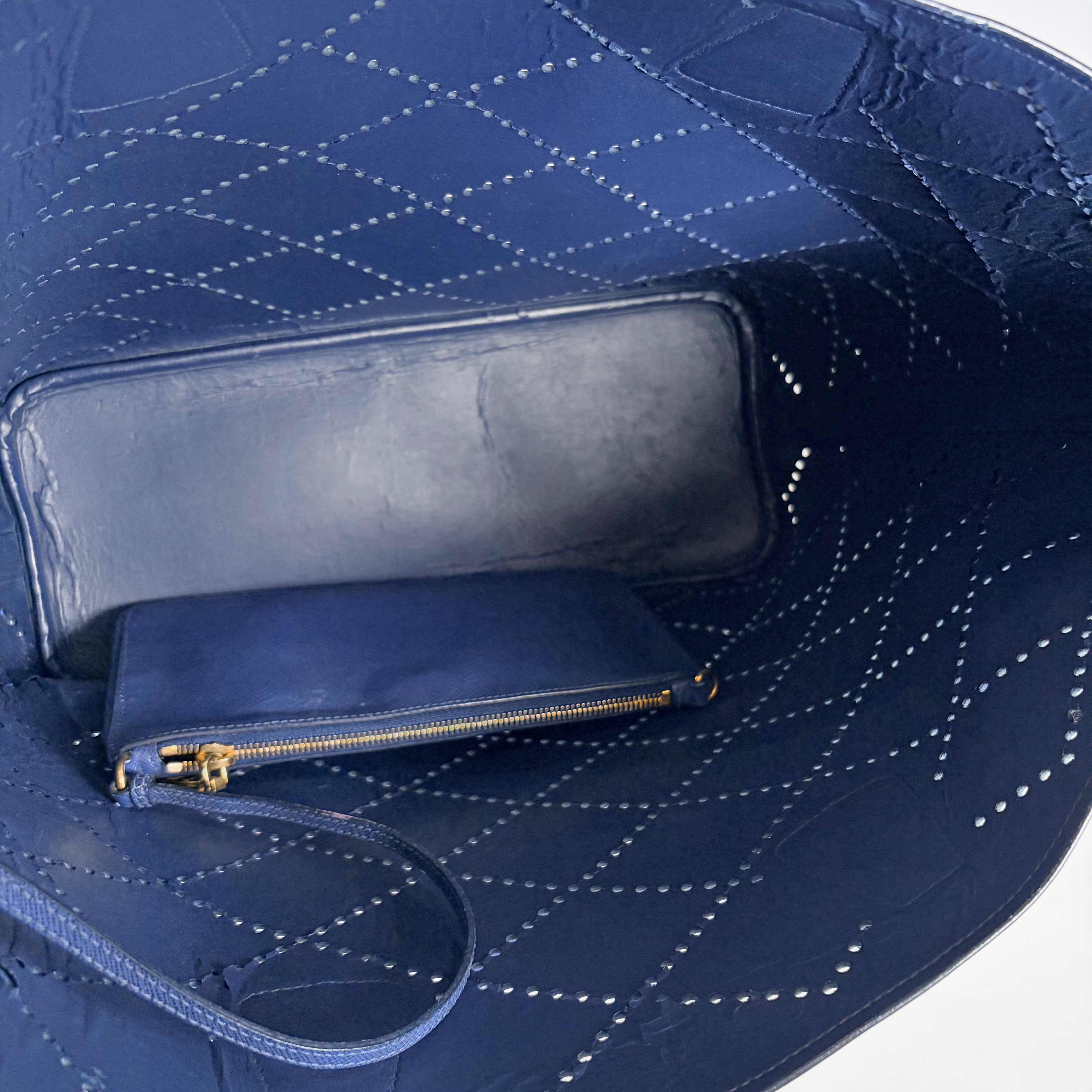 2605 secondhand PRADA brand bag Saffiano / leather Tote shoulder 25 Navy pouch strap