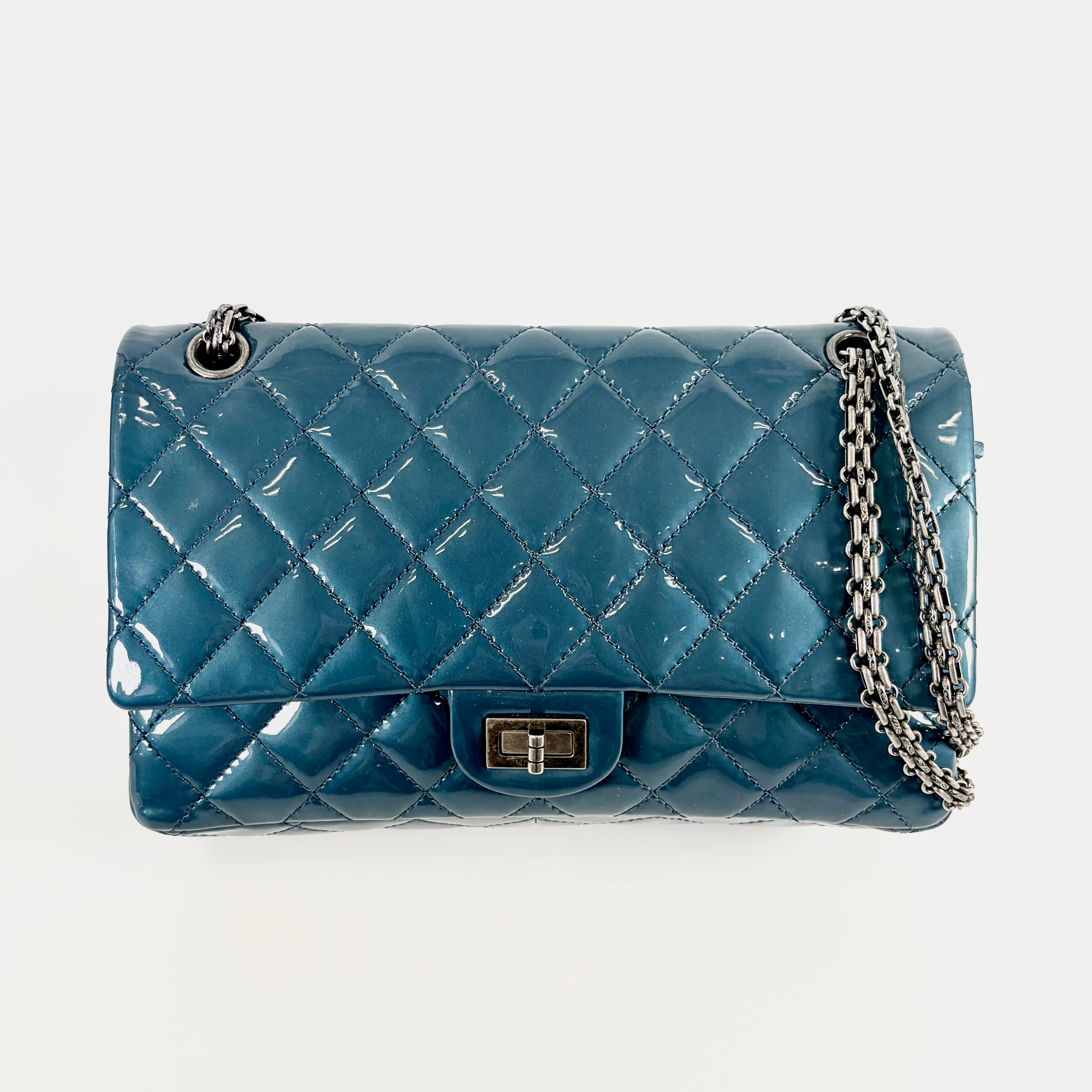 2606 secondhand CHANEL Matelasse 2.55 Large Patent Leather Double Flap double Chain Bag blue gun metallic metal fittings 15441641 15 A37587