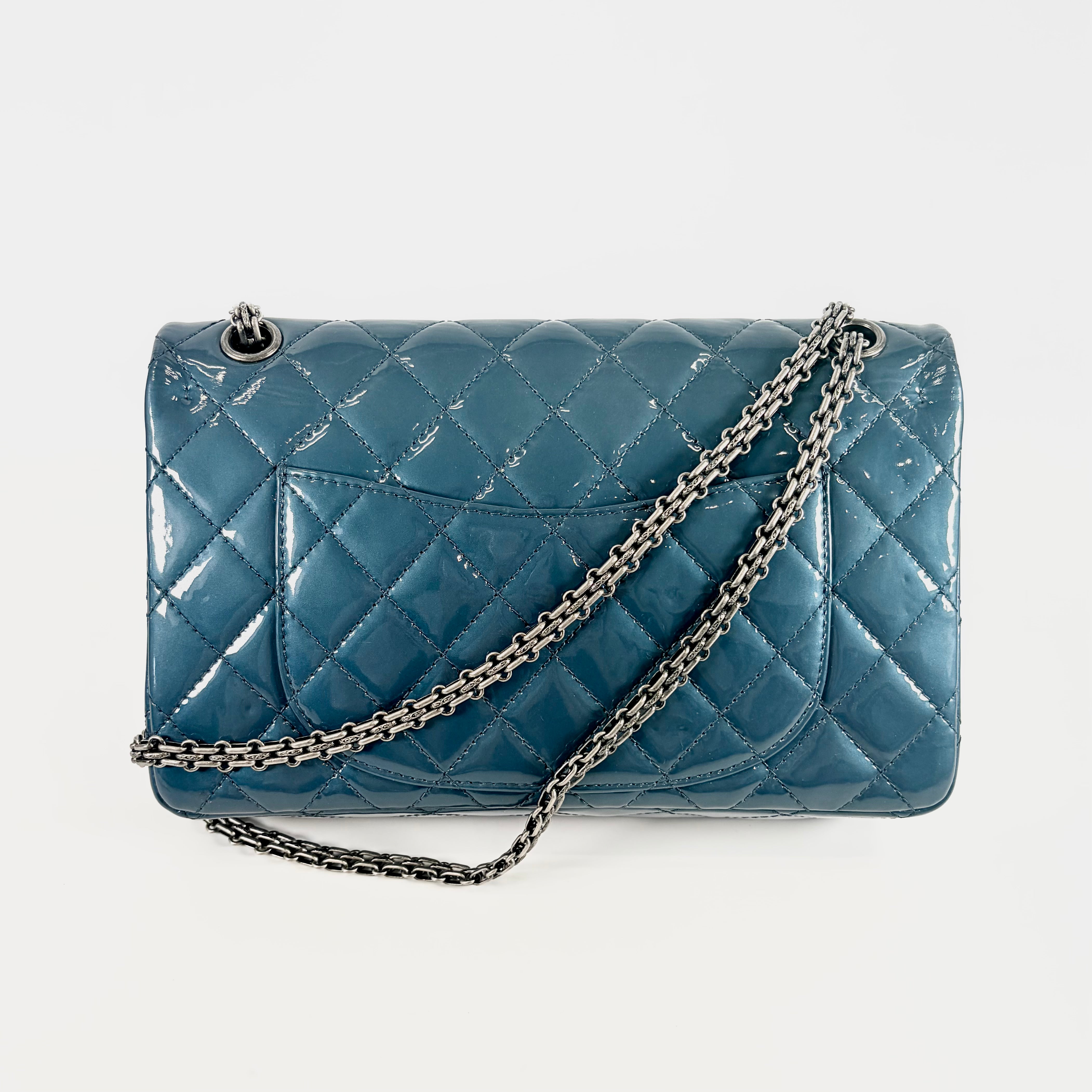 2606 secondhand CHANEL Matelasse 2.55 Large Patent Leather Double Flap double Chain Bag blue gun metallic metal fittings 15441641 15 A37587