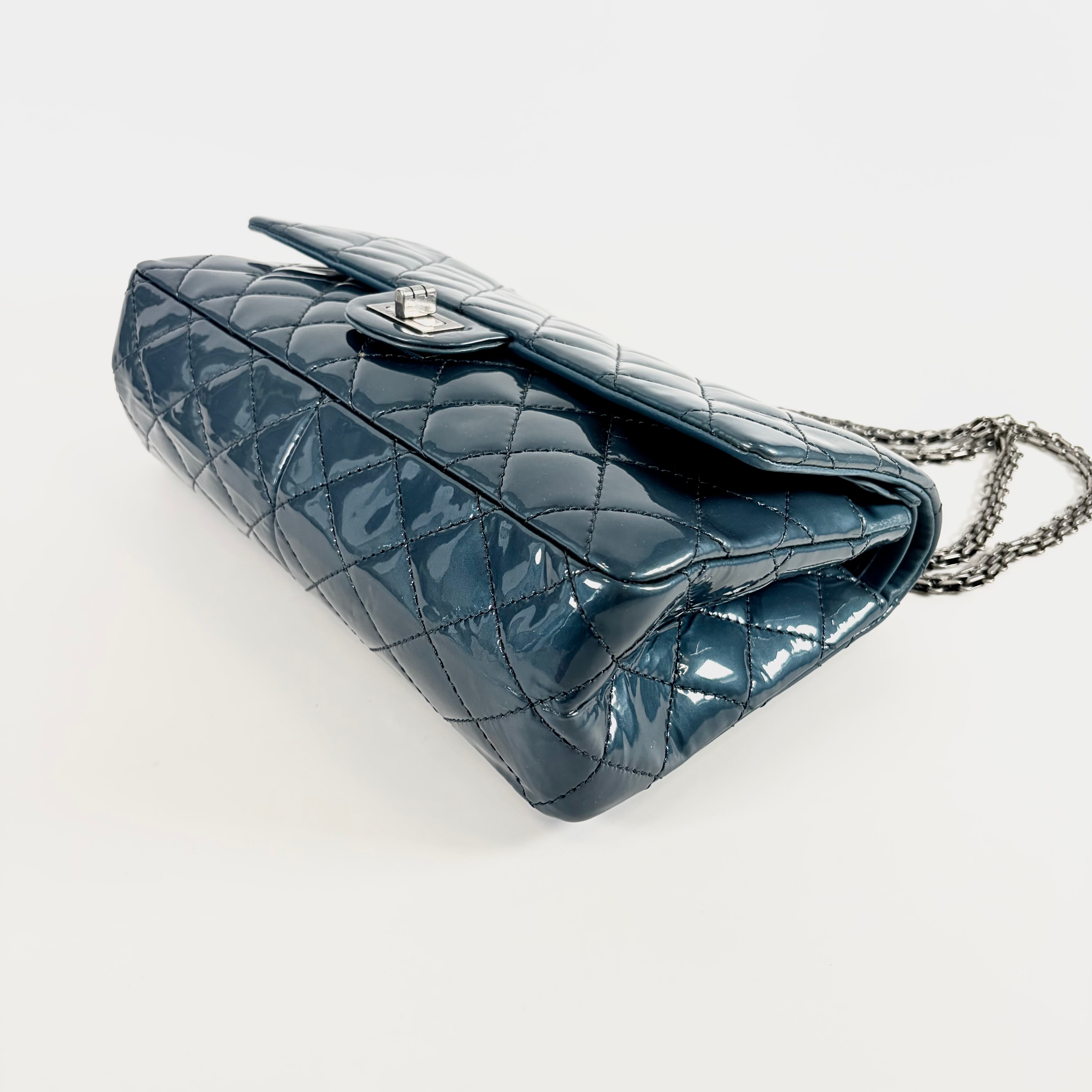 2606 secondhand CHANEL Matelasse 2.55 Large Patent Leather Double Flap double Chain Bag blue gun metallic metal fittings 15441641 15 A37587