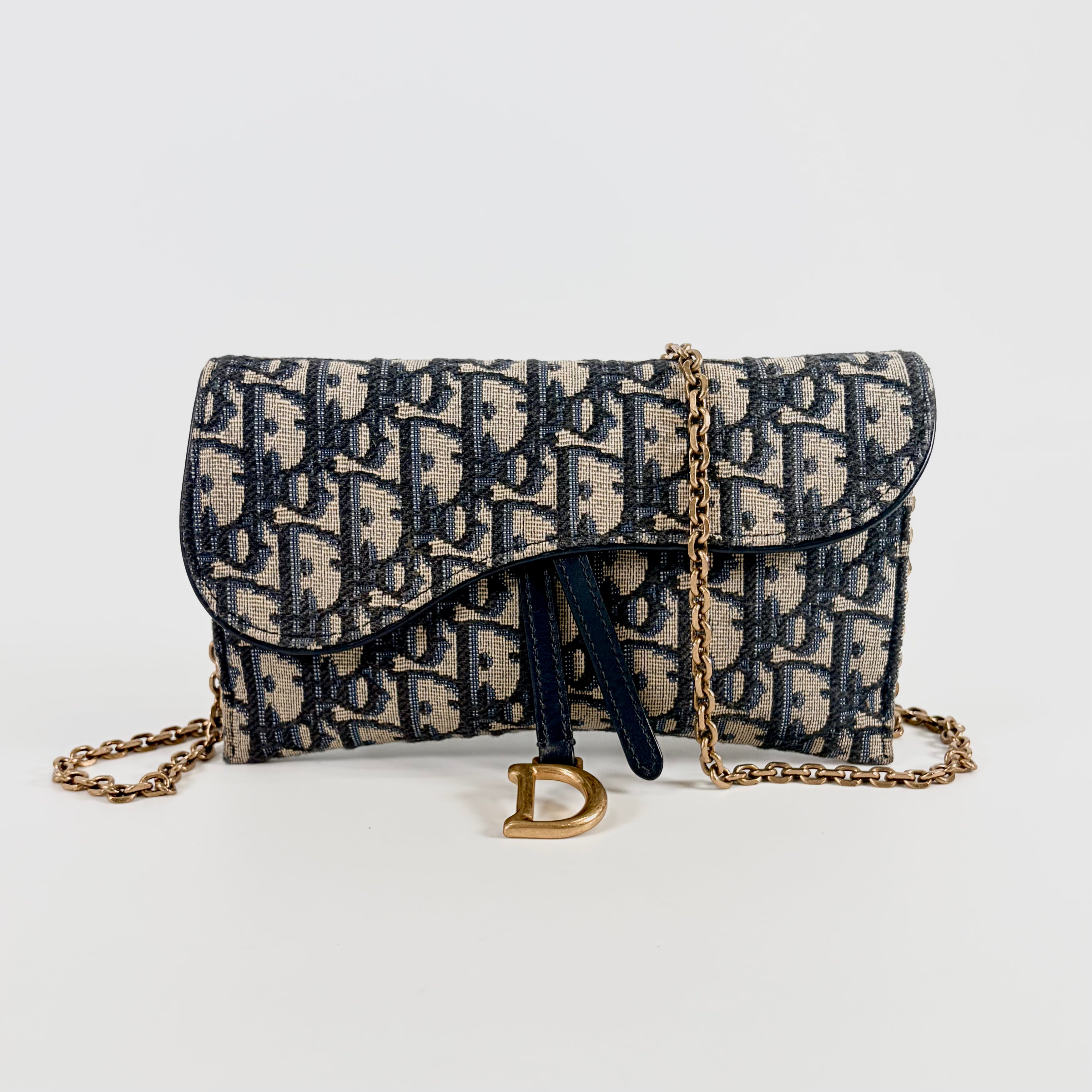 2606 secondhand CD of leak saddle canvas × leather Chain Wallet Navy beige