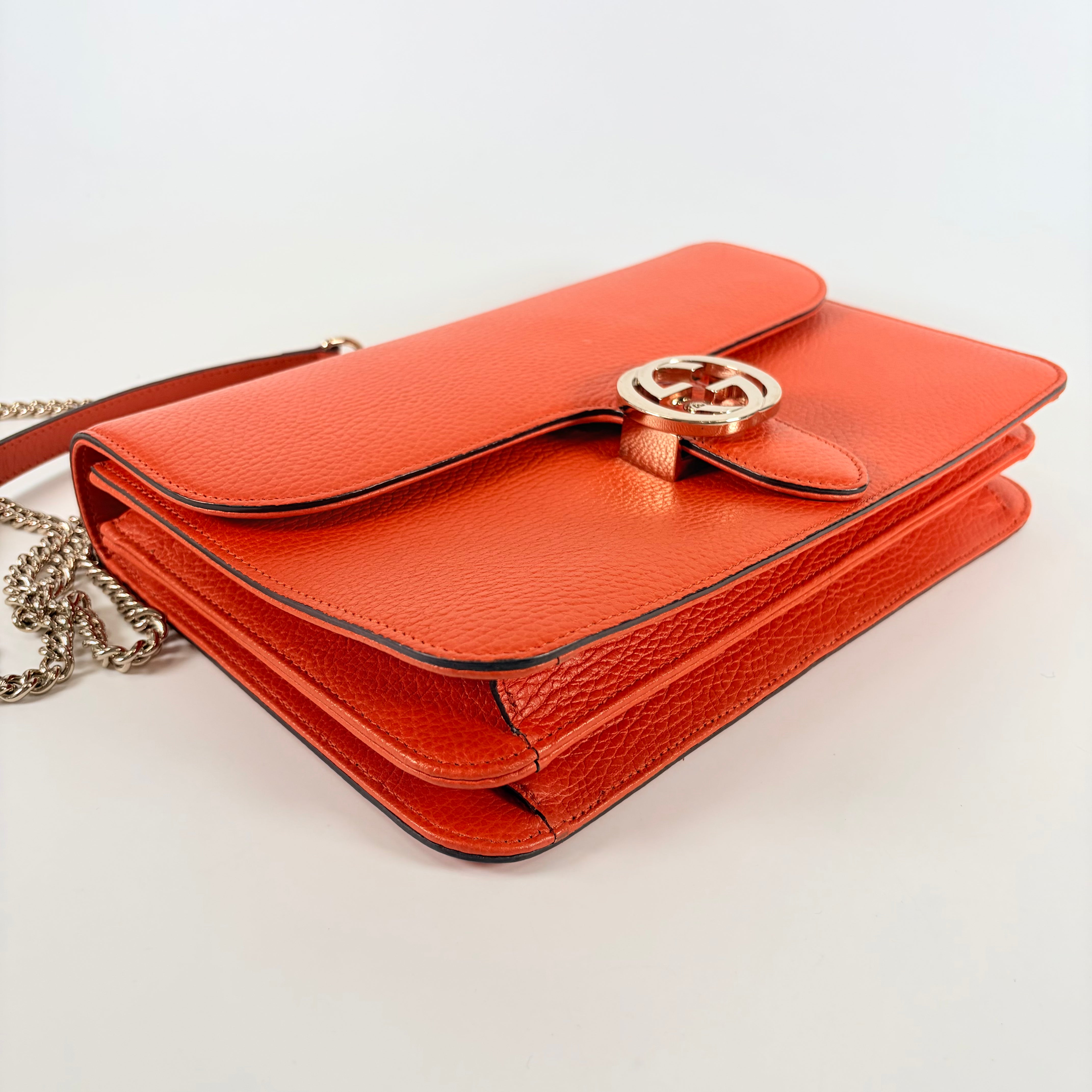 2607 secondhand GUCCI Chain Shoulder Bag Interlocking G Orange Leather
