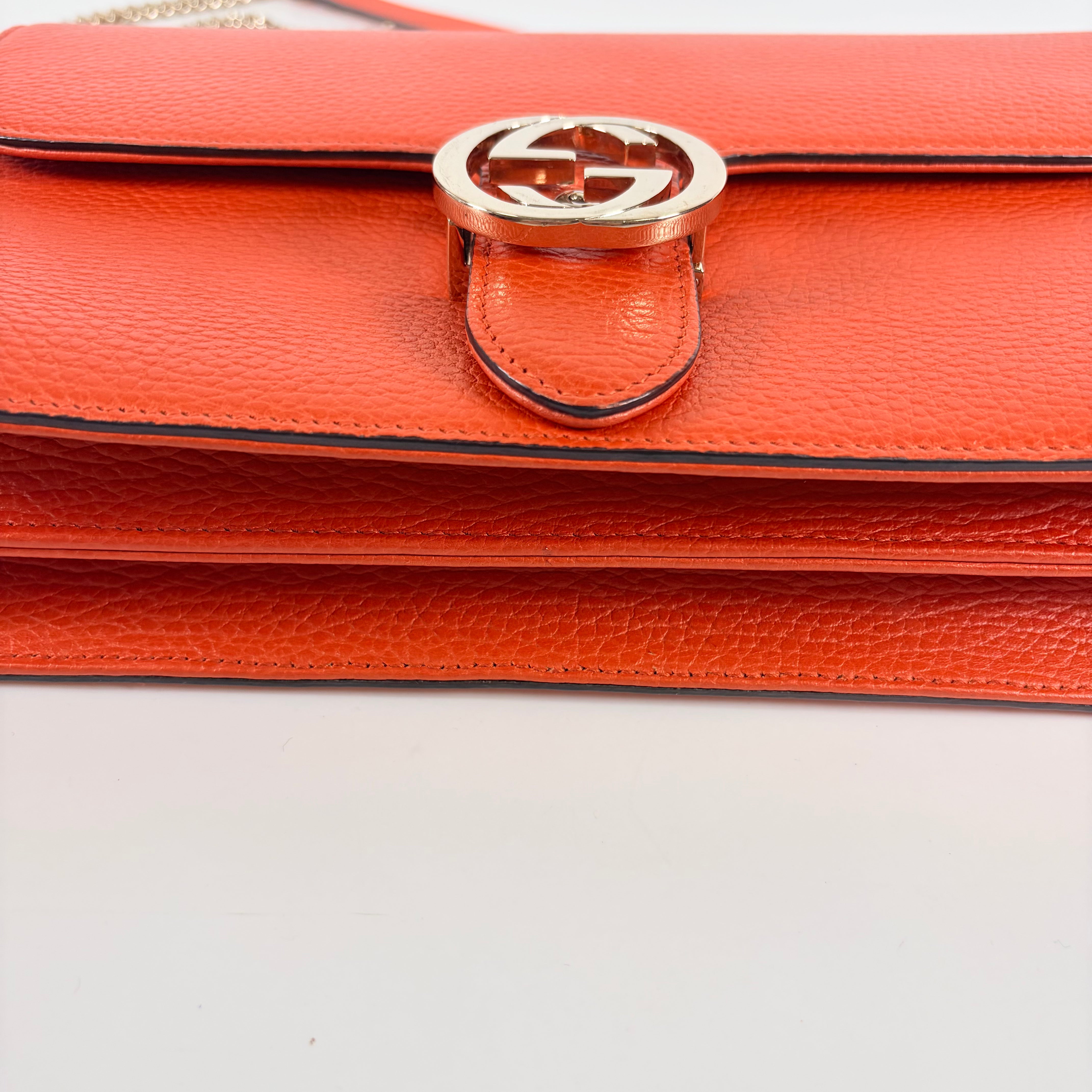 2607 secondhand GUCCI Chain Shoulder Bag Interlocking G Orange Leather