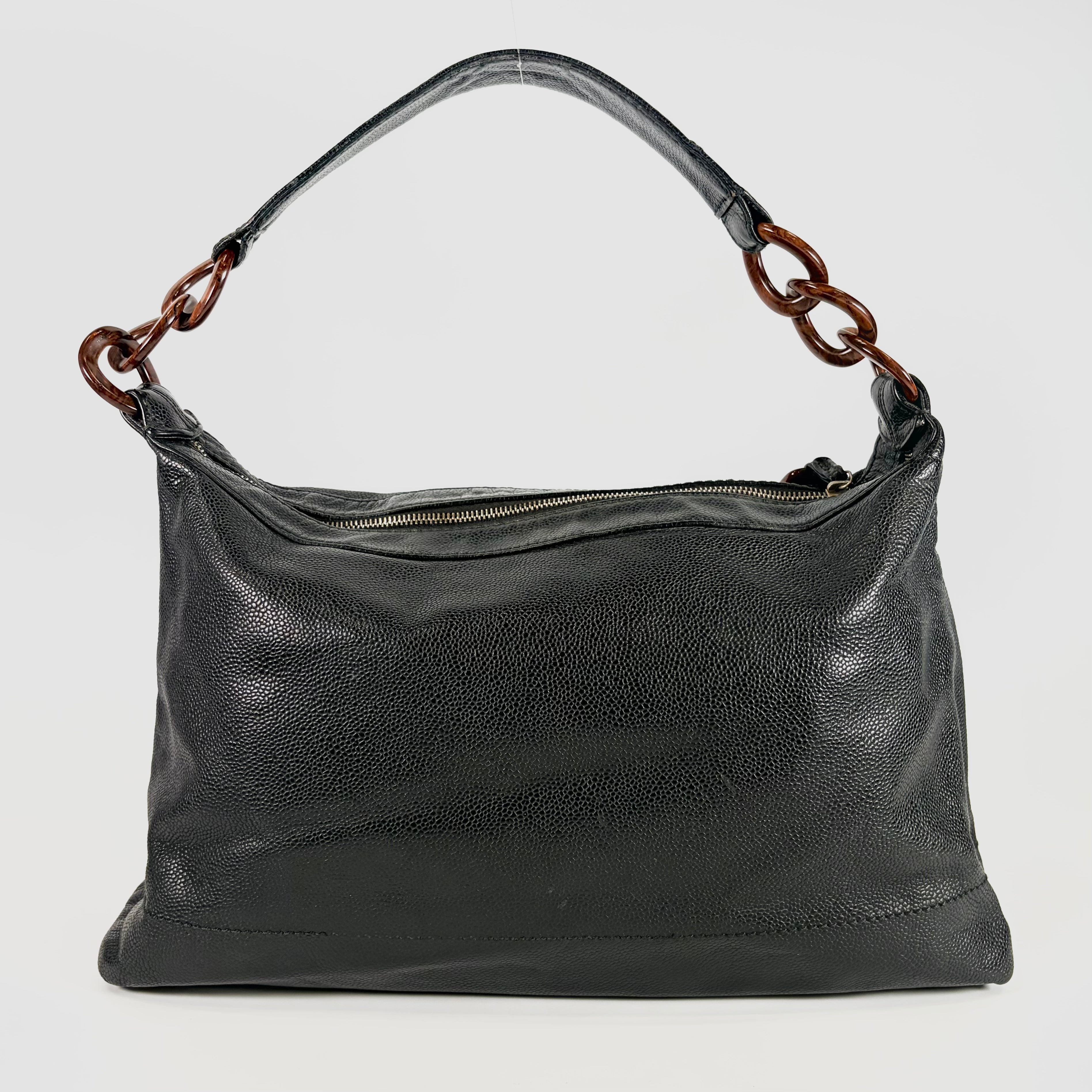 2607 secondhand CHANEL Big Coco Wood Chain Shoulder black caviar skin 7 No.